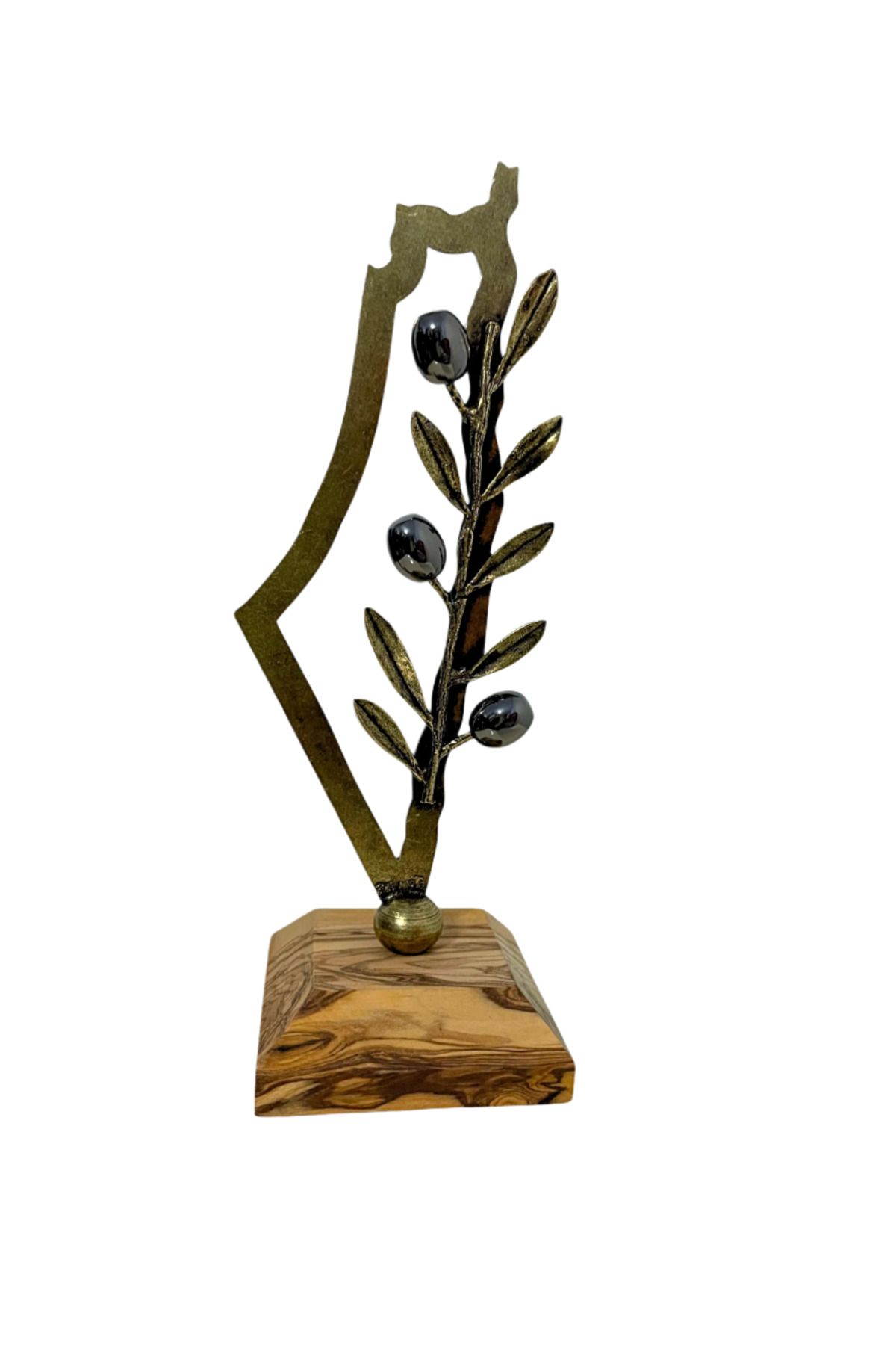 Zaytoon Zeytin ağacından yapılmış bir kaide üzerinde zeytin dalı Filistin haritası Bronz Rengi maketi M00014