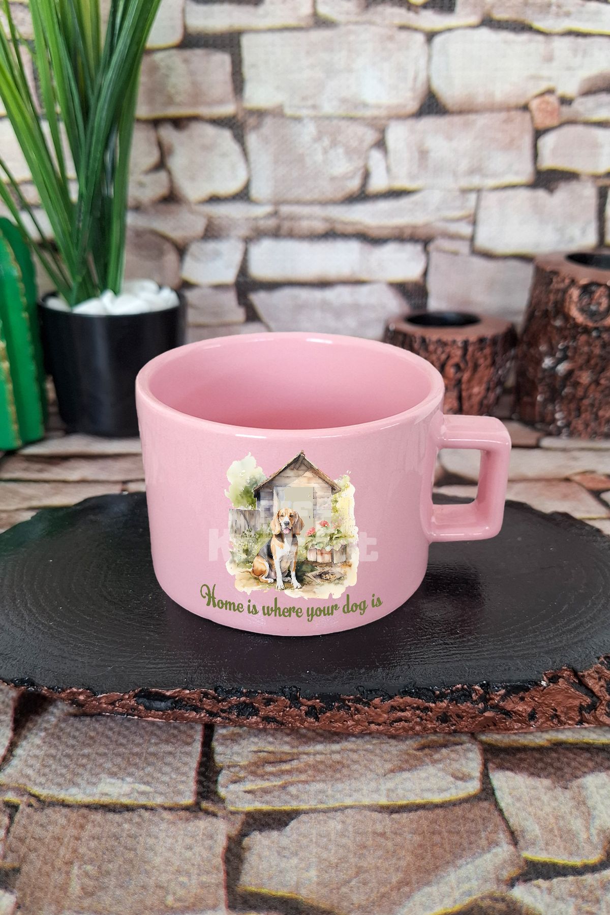 giftkonsept Home Is Where The Dog Is Yazılı Köpekli Ev Teması Köpeksever Kare Kulplu Fincan Pembe Kupa Bardak