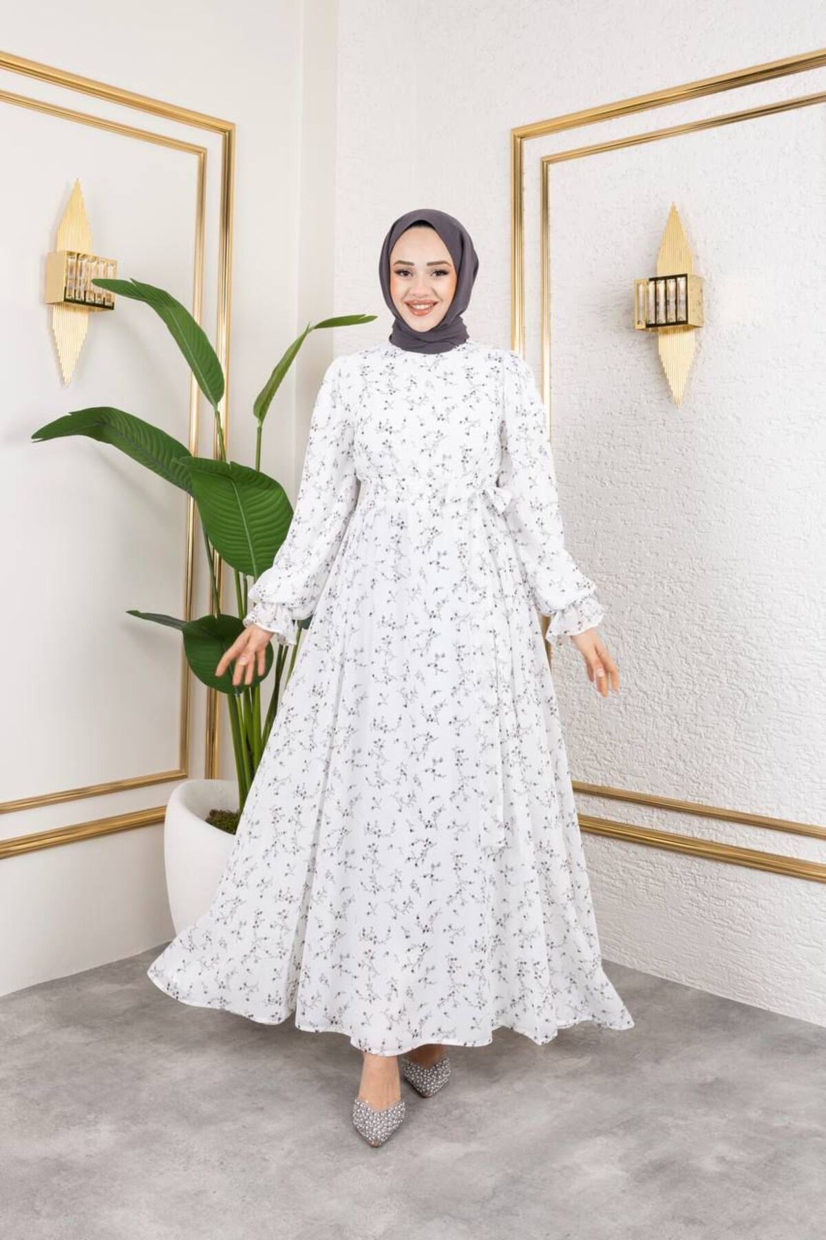 MODA Antrasit Dal Desenli Beyaz Şifon Tesettür Elbise
