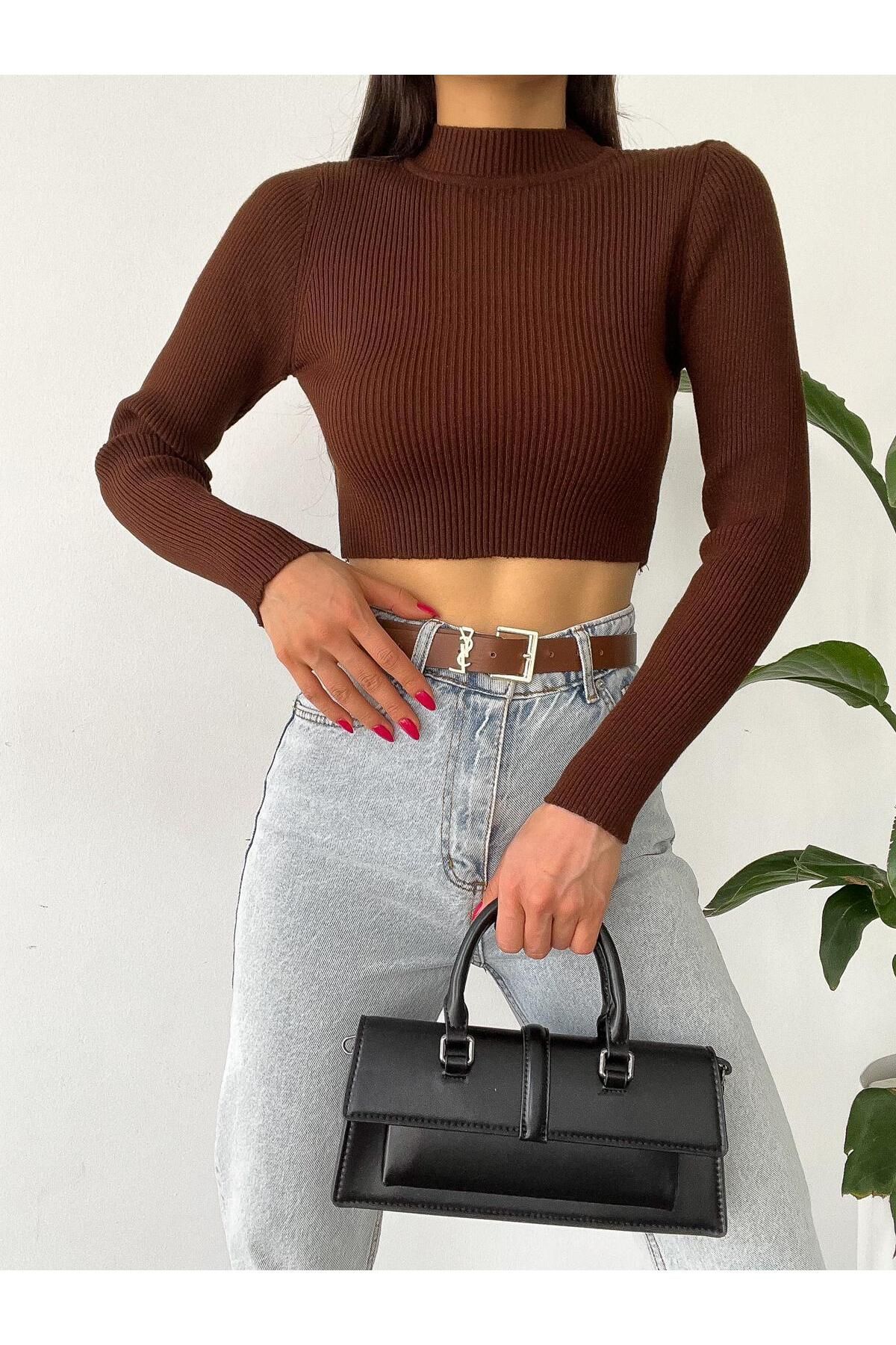 SHEMALL LUXURY Kadın Uzun Kollu Triko Crop Body