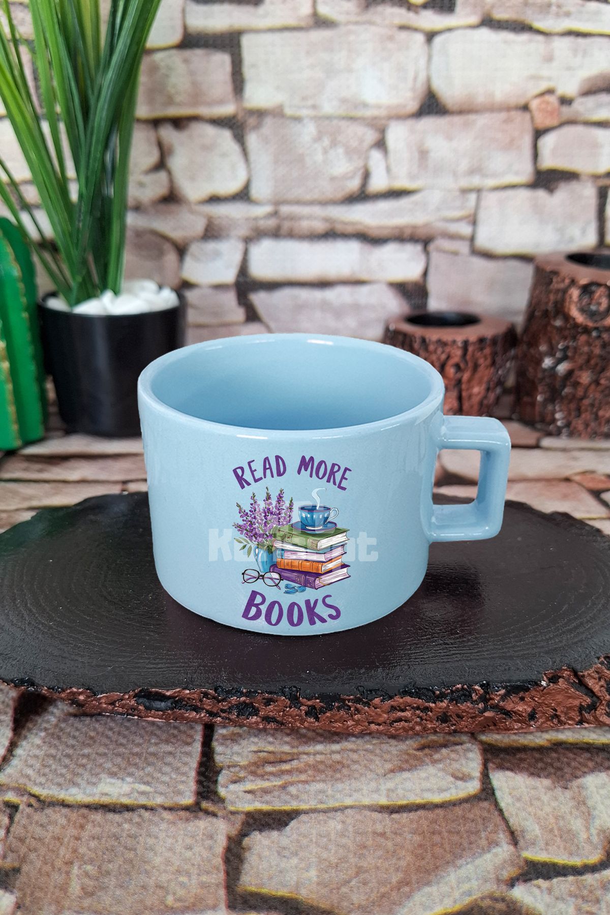 giftkonsept Read More Books Yazılı Kitap Okuma Teşviki Mottosu Kare Kulplu Fincan Mavi Kupa Bardak