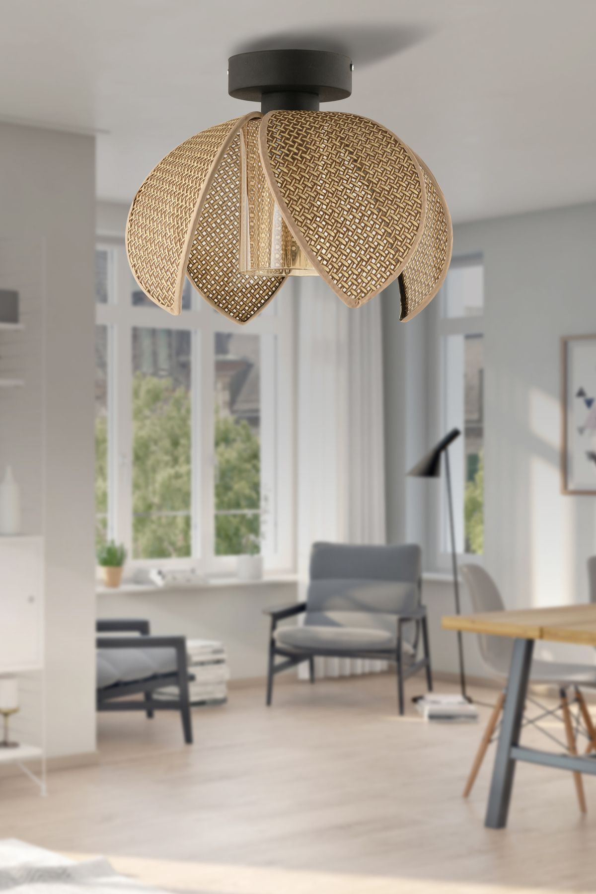 NisaLuce Nisa Luce Lusora Metal Plafonyer avize-4 KANATLI-CAMLI-Hasır kahve