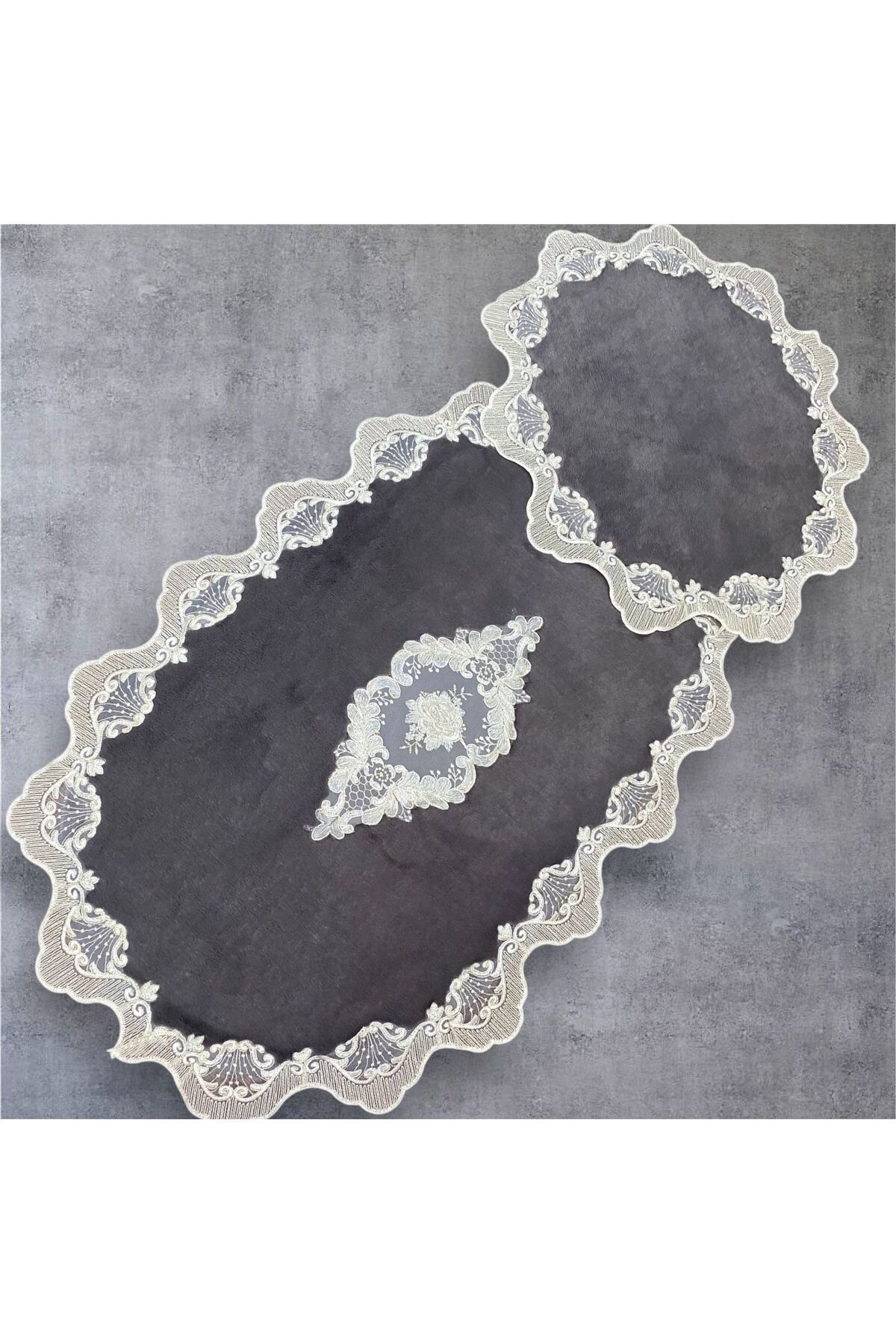 DECORA CASA HOME COLLECTİON 2li Set Çeyizlik Fransız Dantelli Aplikli klozet Takımı Banyo Halısı Paspas Seti (60x100)ve (50x60)