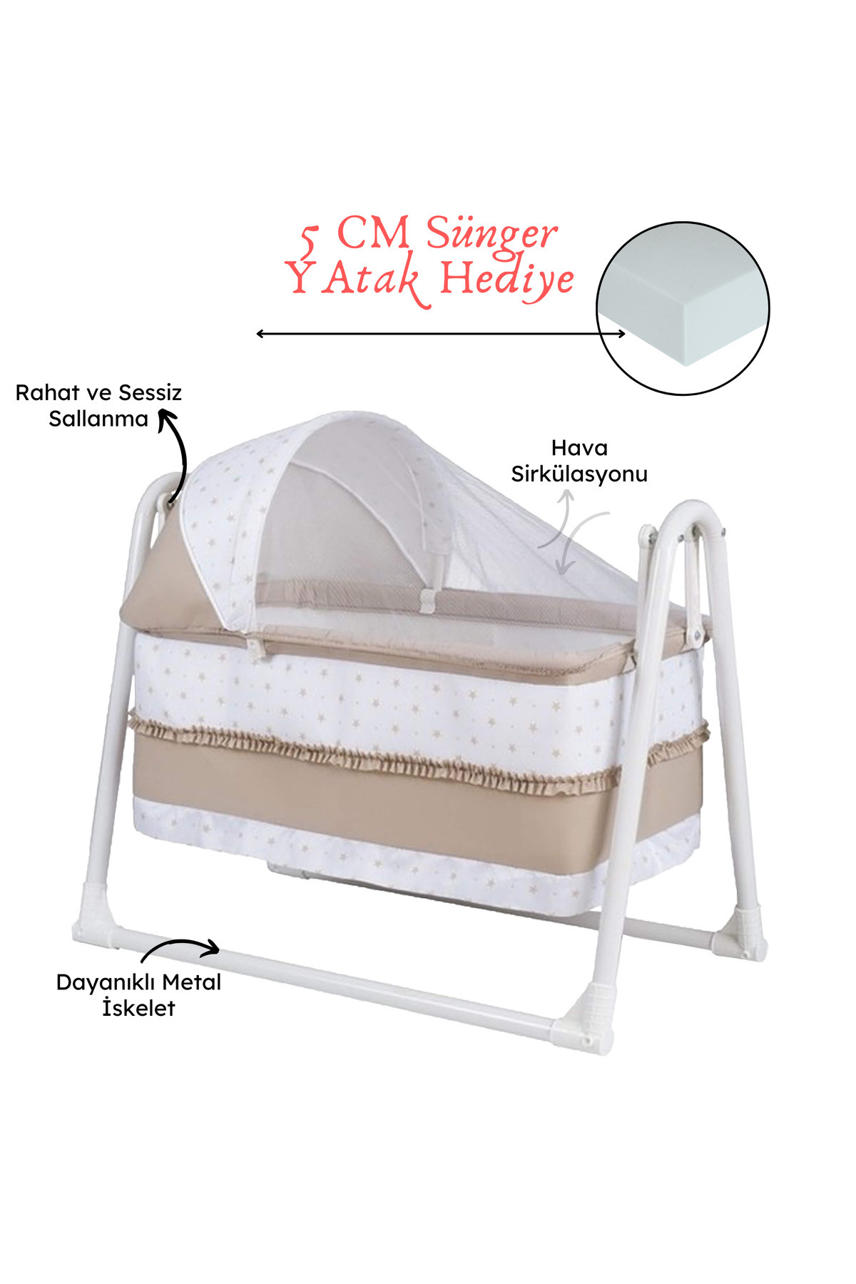 CHUBBY BABY Lüks Sallanır Tenteli Portatif Sepet Beşik 5 CM SÜNGER YATAK