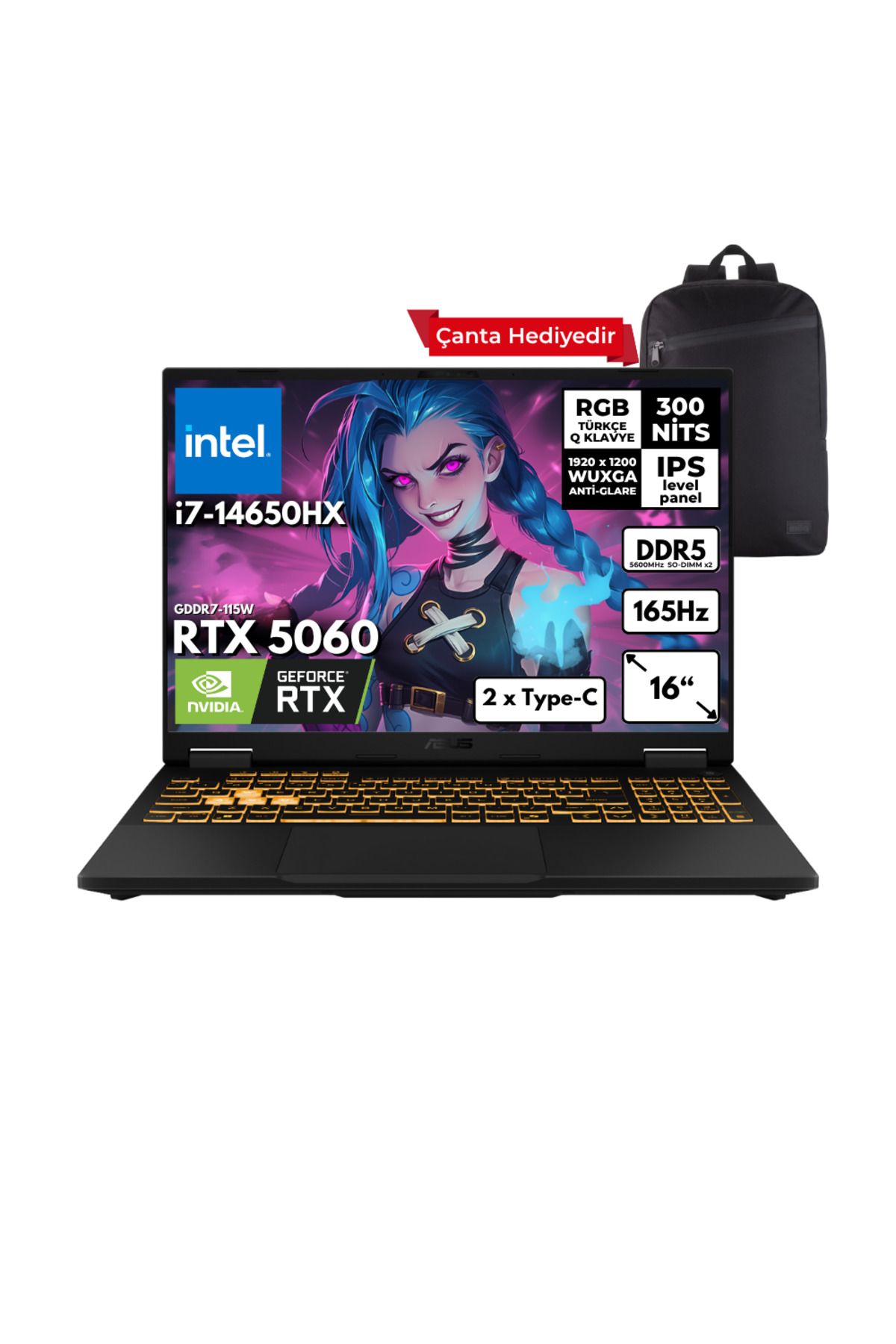 ASUS TUF F16 i7-14650HX 32GB 4 TBSSD RTX5060 (8GB) 16" Win11 Pro + Sırt Çantası FX608JMR-RV024HMF27