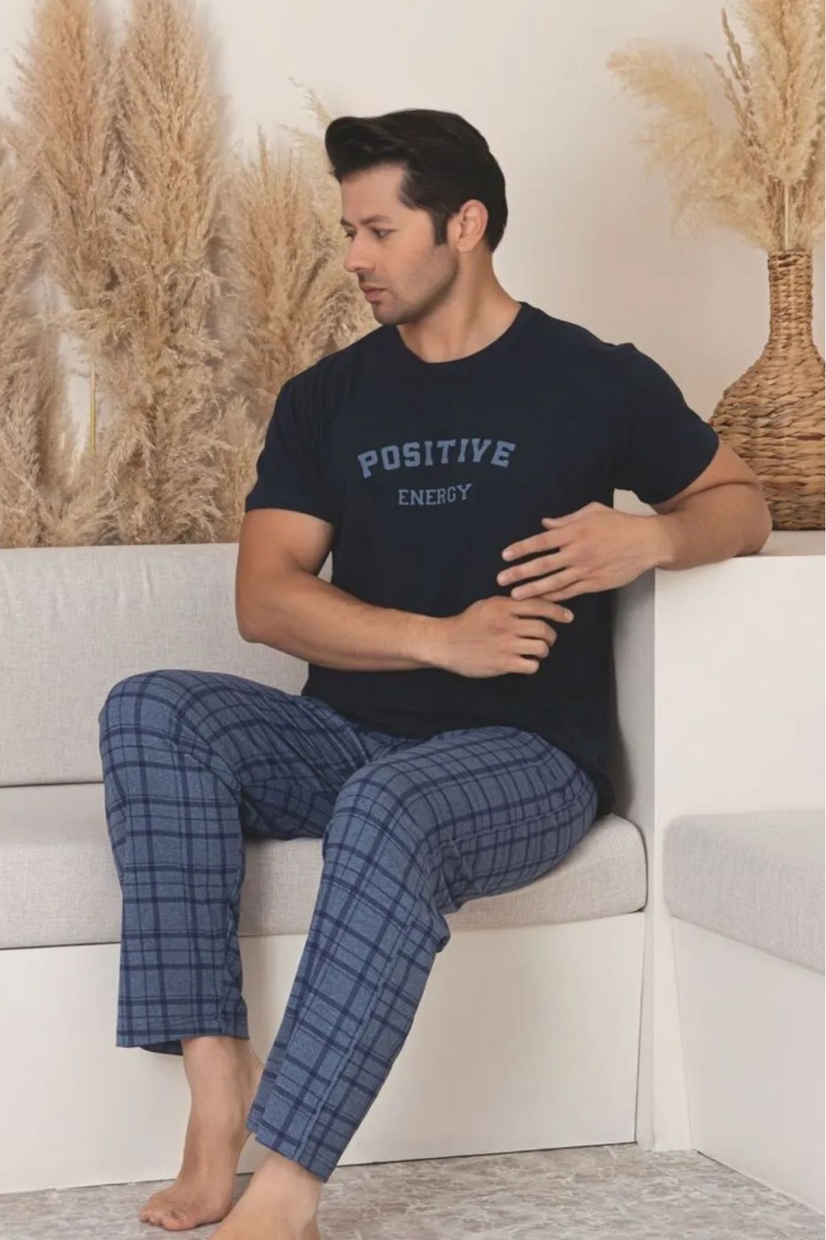 Farya Home Dreamy Pamuklu Ekose Kareli Kısa Kollu Örme Erkek Pijama Takımı