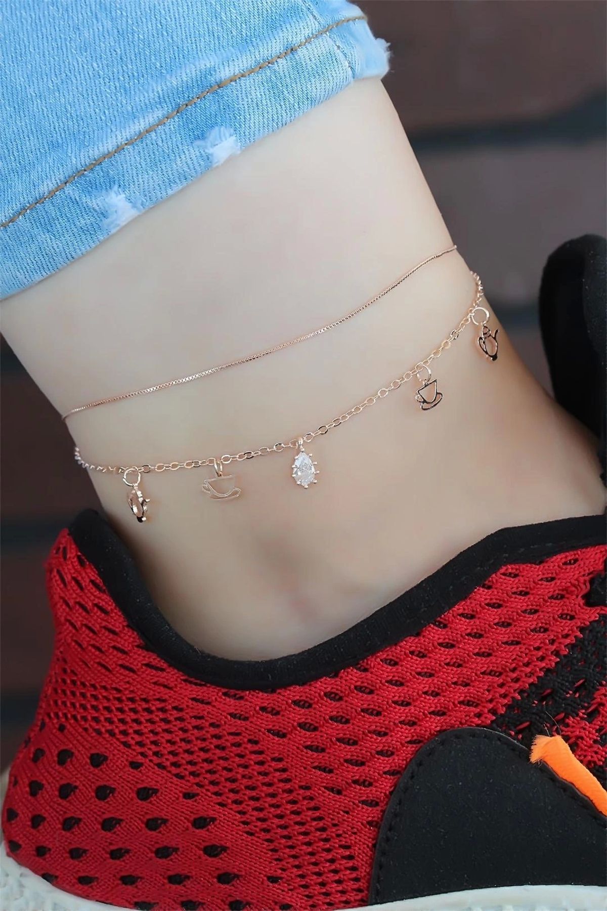 Moco Zirkon Taşlı Rose Renk Çift Zincirli Hal Hal