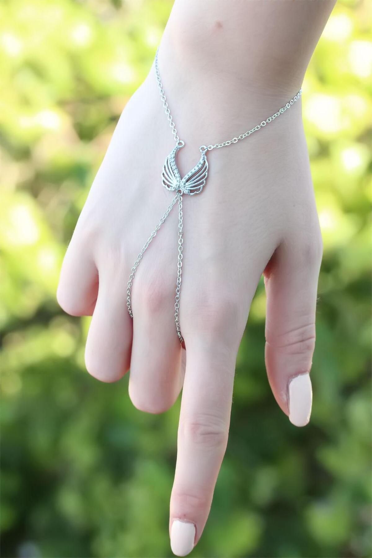 Mu Art Ahşap Melek Kanadı Figürlü Zirkon Taşlı Silver Renkli Şahmeran Bileklik