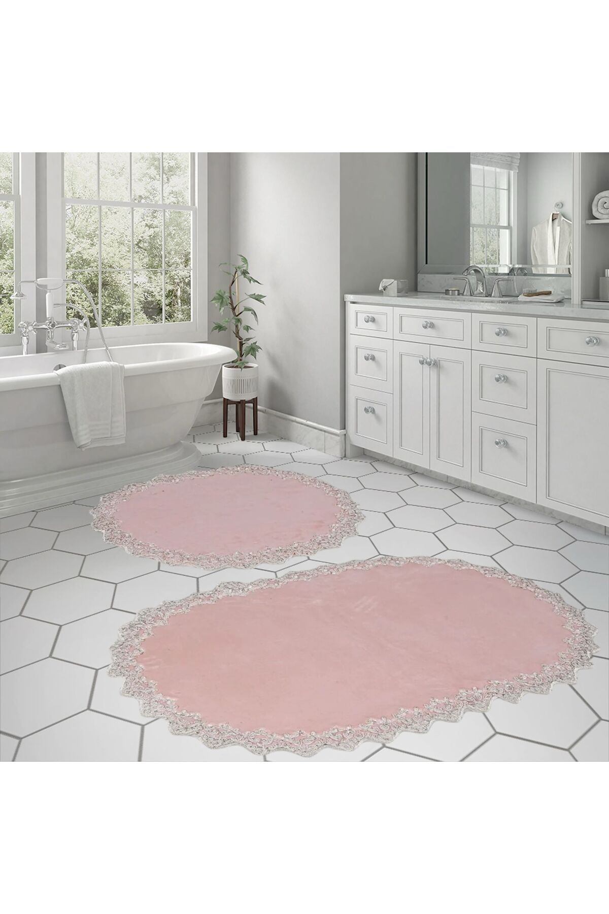 DECORA CASA HOME COLLECTİON Yıkanabilir Dantelli Kaymaz Taban Yumuşacık Banyo Paspası 2li Set (60x100) ve (50x60)