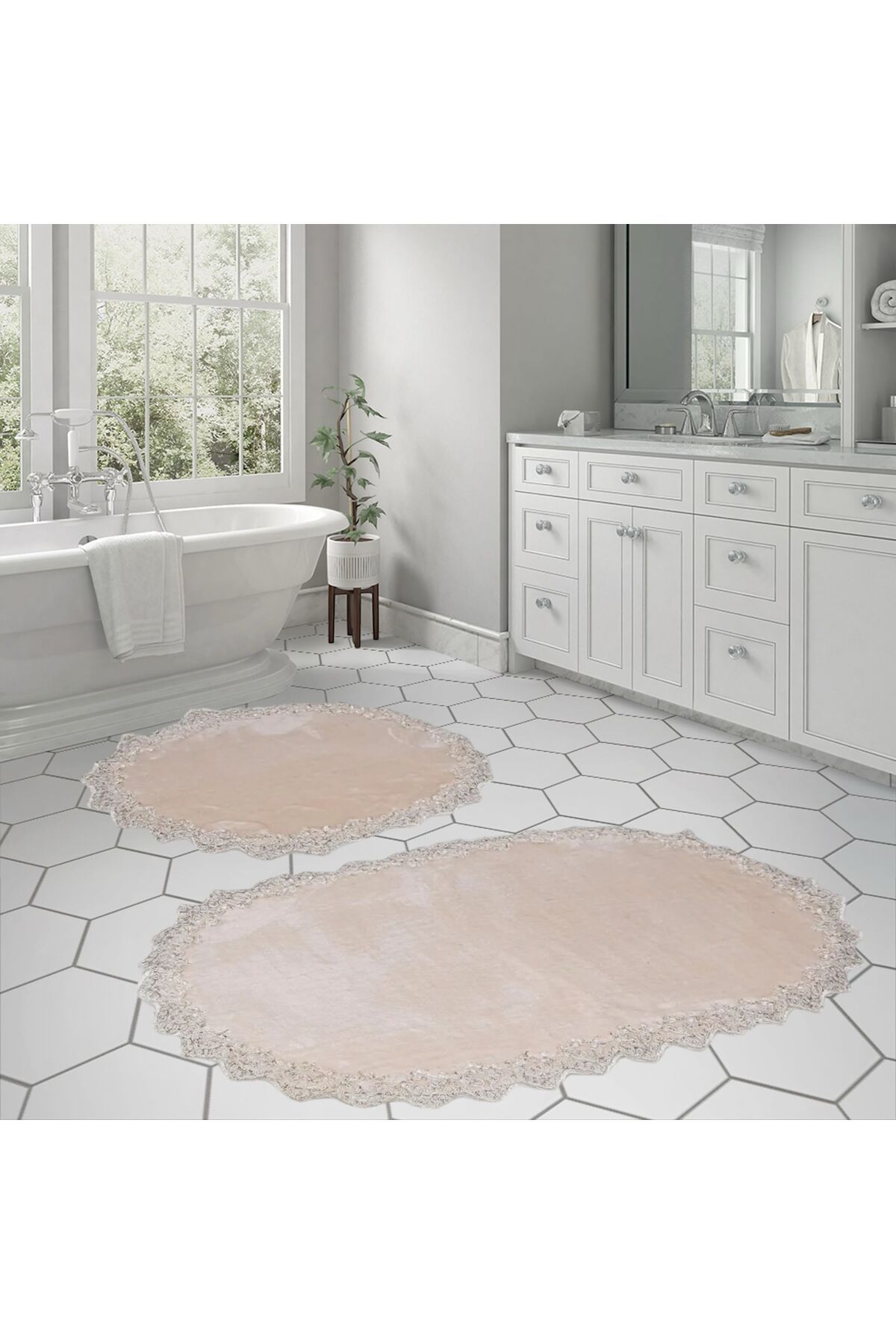 DECORA CASA HOME COLLECTİON Yıkanabilir Dantelli Kaymaz Taban Yumuşacık Banyo Paspası 2li Set (60x100) ve (50x60)