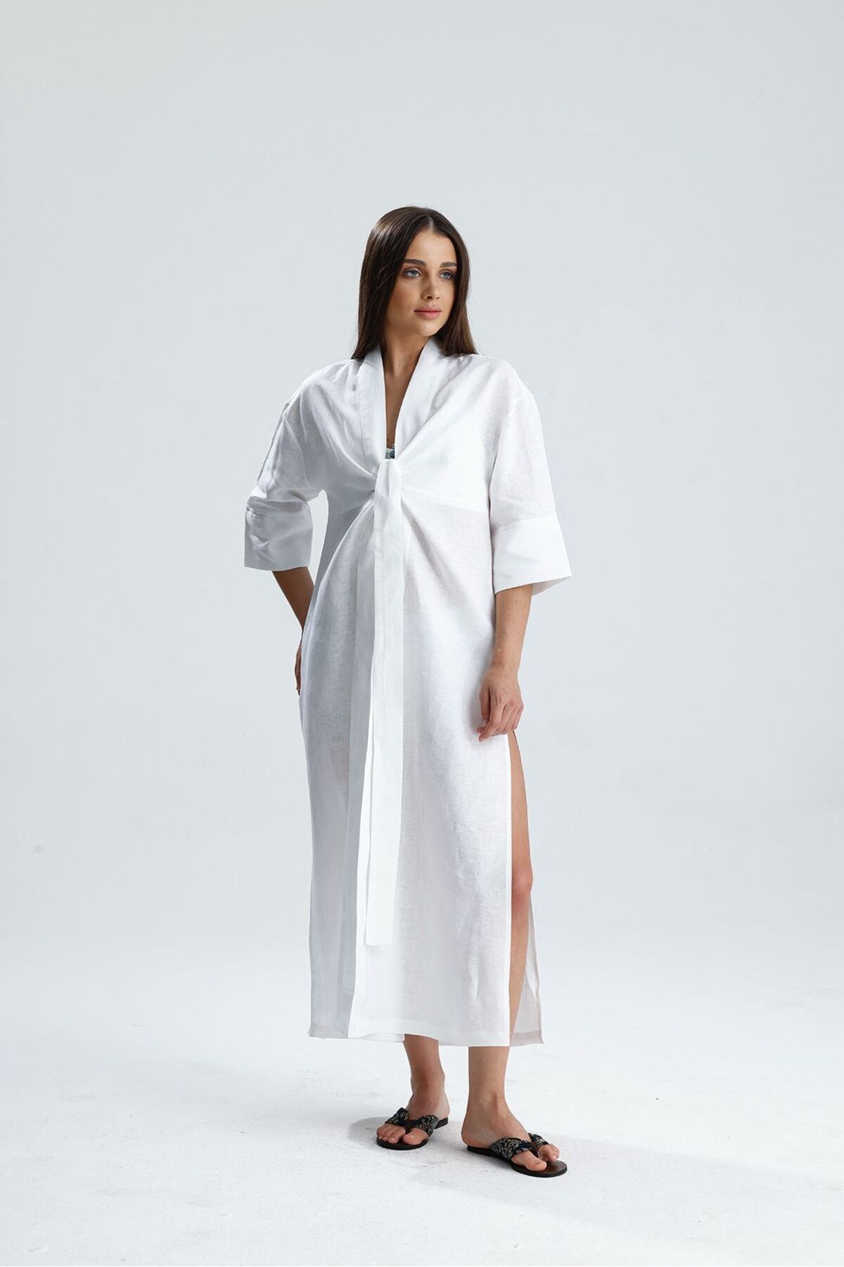 COLLECTİON SİERRA önden bağlamalı keten uzun kimono