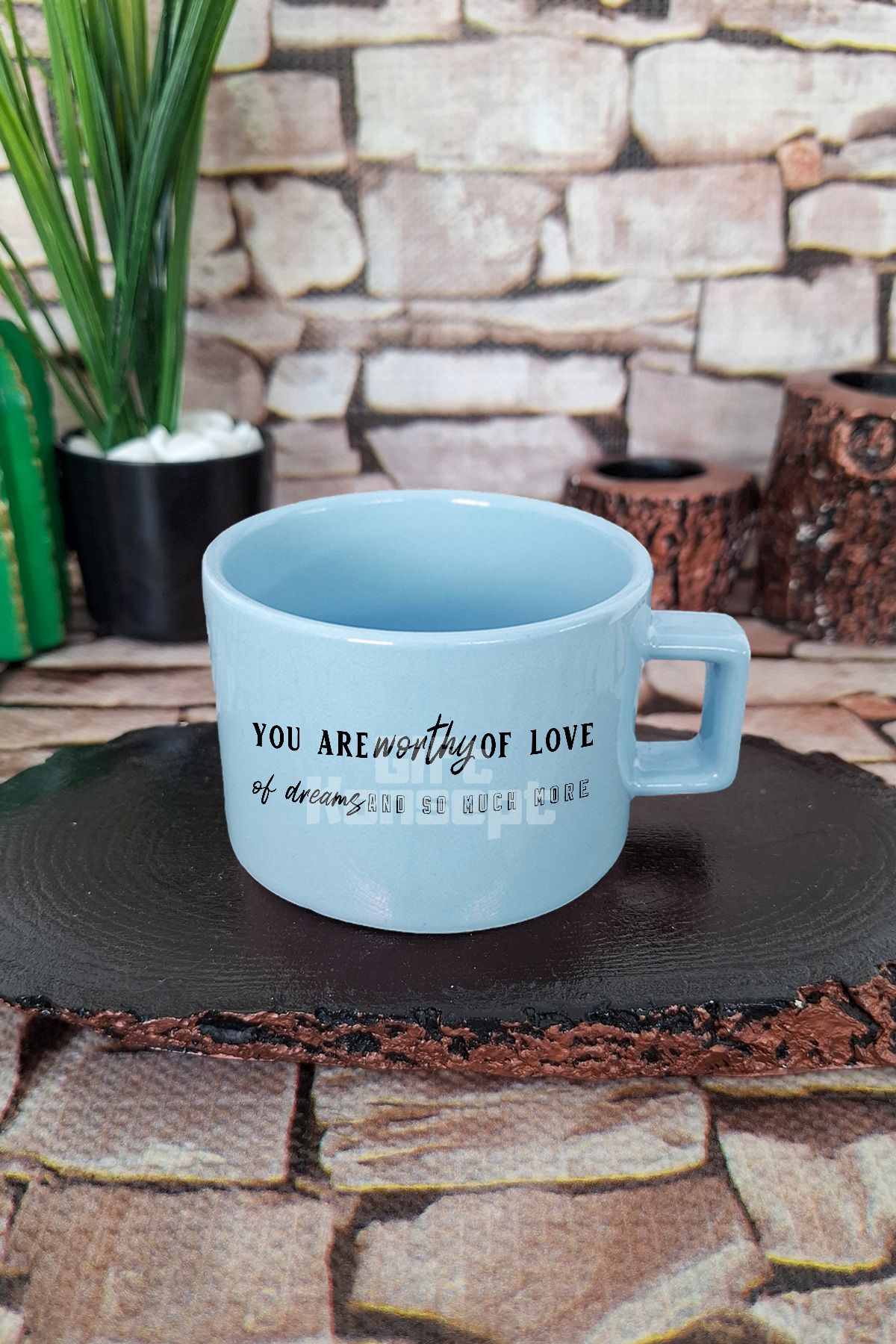 giftkonsept You Are Worthy Of Love Yazılı Sevgiye Değer Manifest Kare Kulplu Fincan Mavi Kupa Bardak
