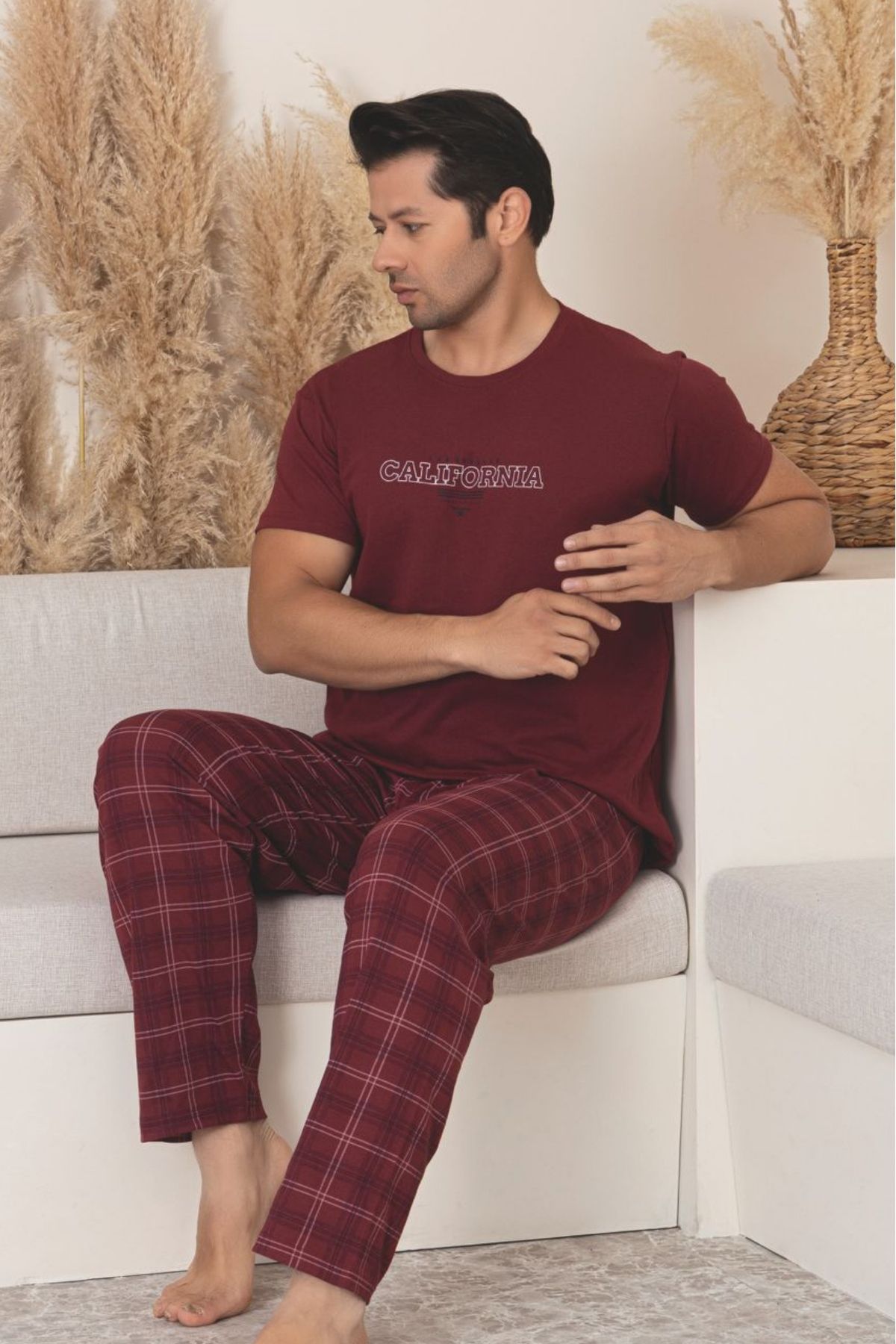 Farya Home Dreamy Pamuklu Ekose Kareli Kısa Kollu Örme Erkek Pijama Takımı