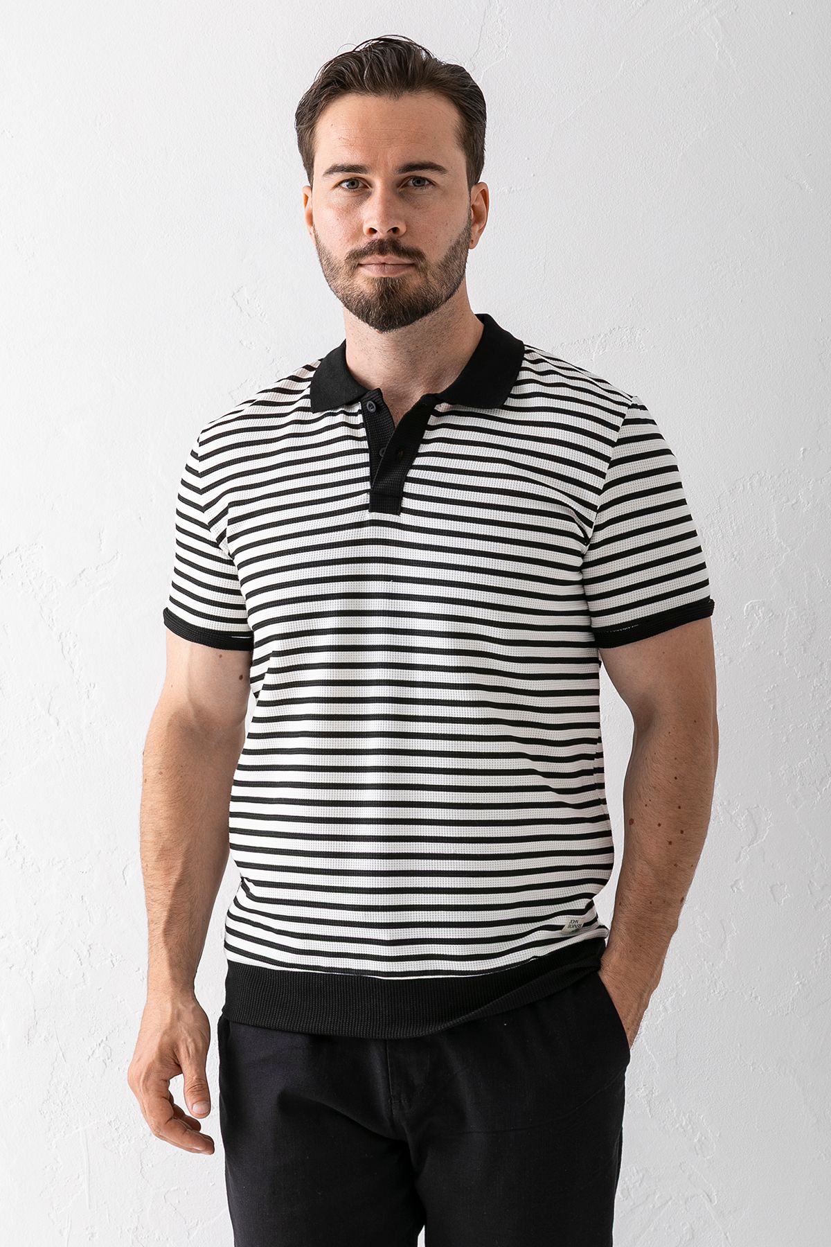 JB John Borners Erkek Polo Yaka Düğme Detaylı Çizgili T-Shirt Siyah - 2999-2