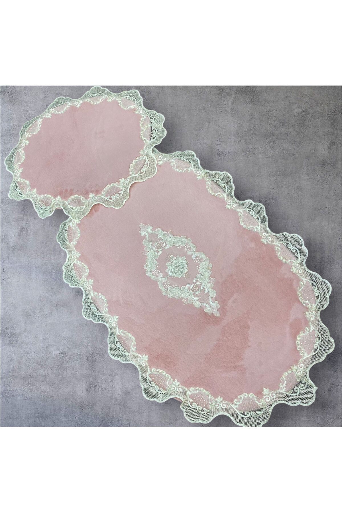 DECORA CASA HOME COLLECTİON 2li Set Çeyizlik Fransız Dantelli Aplikli klozet Takımı Banyo Halısı Paspas Seti (60x100)ve (50x60)