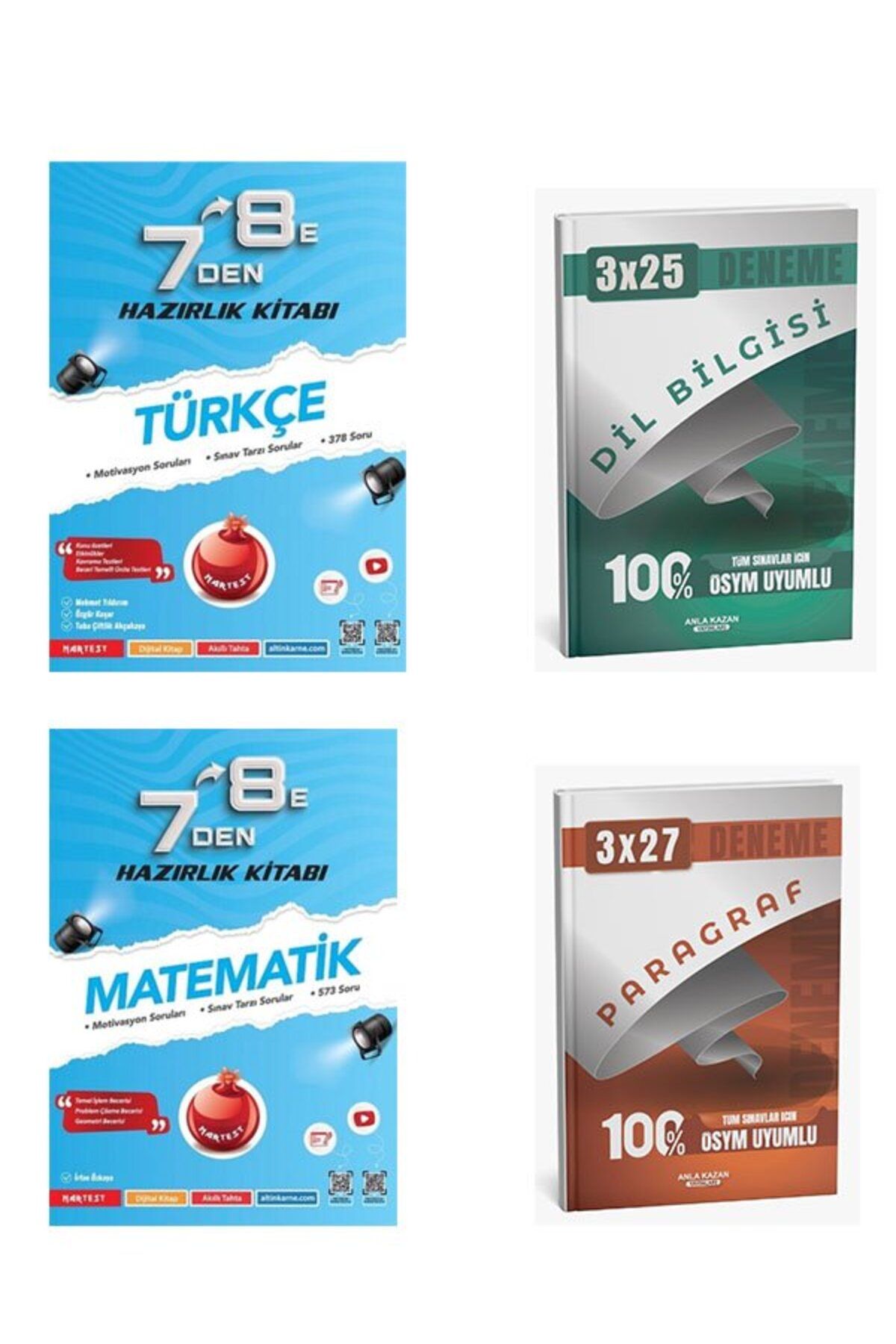 Anla Kazan Yayınları Nartest Yayınları 7 den 8 e Türkçe+Matematik Hazırlık Kitabı+Anla Kazan Paragraf+Dilbilgisi