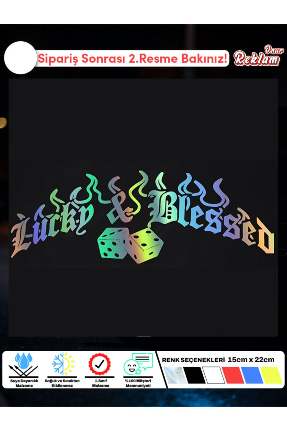 Onur Reklam Lucky & Blessed Yazılı Zar Temalı Araç Sticker – Suya Dayanıklı, 15x22 cm