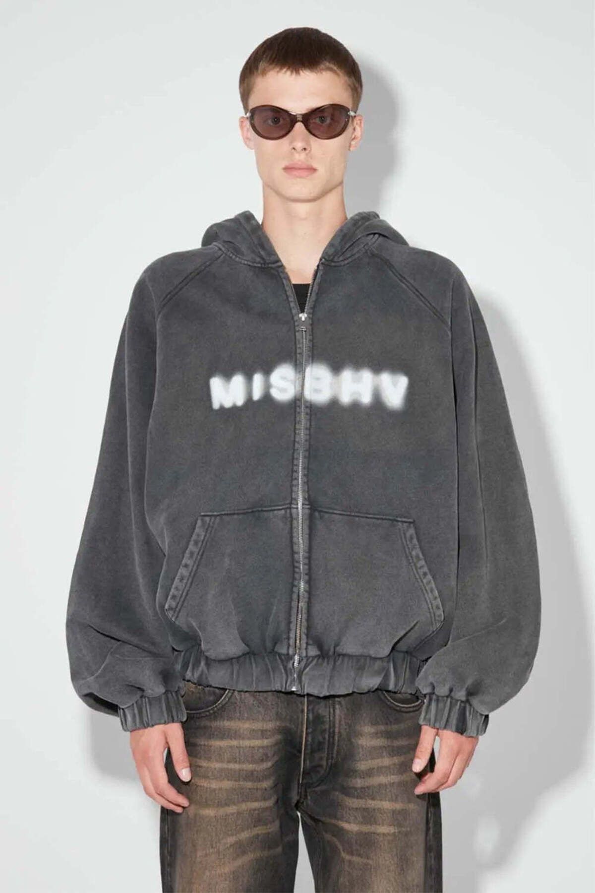 American Rag Cie Community Zip Hoodie - Ağı Heavyweight Fransız Terry Kapüşonlu Üst, Yıpranmış Siyah