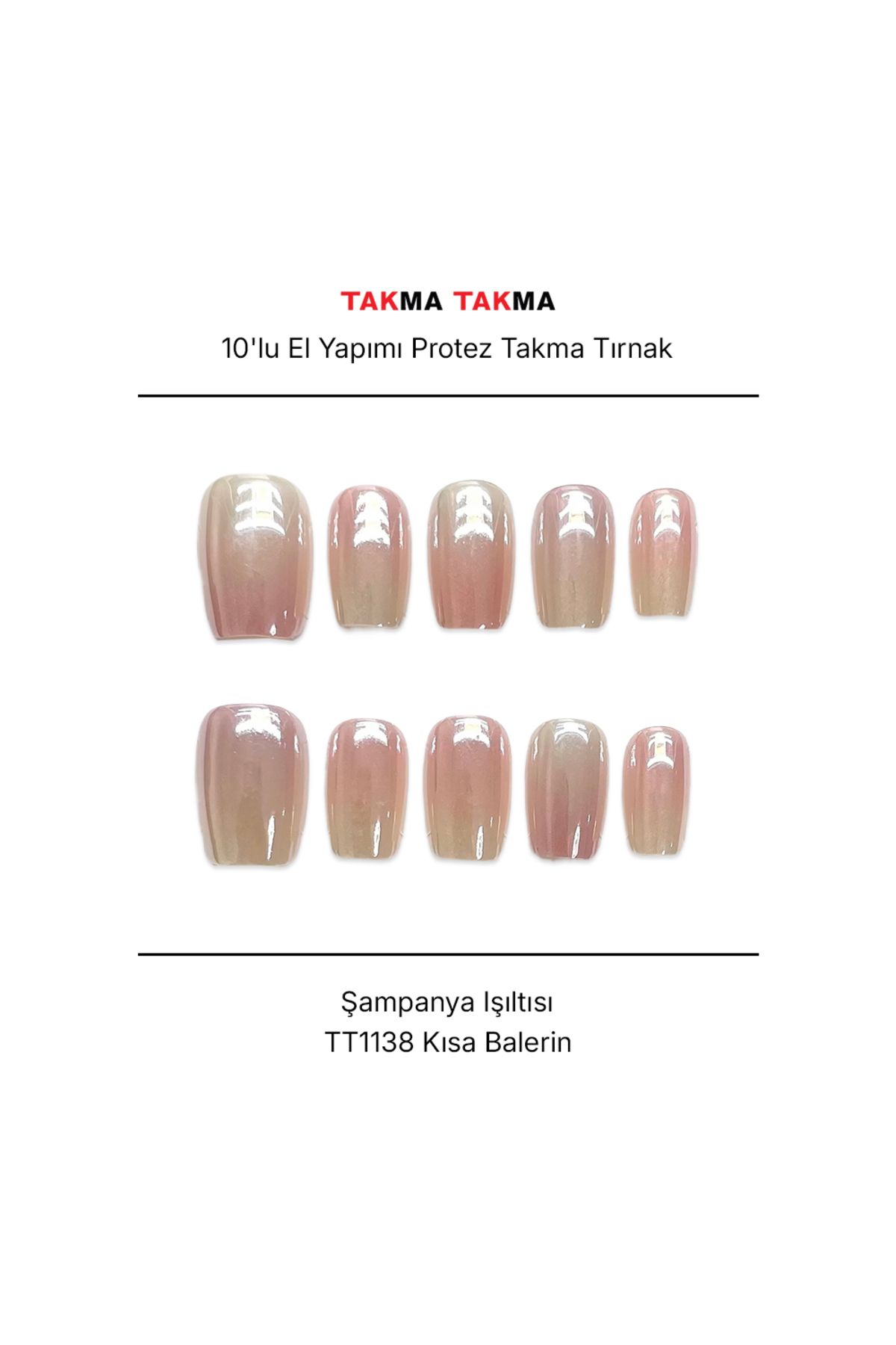 Takma Takma TT1138 - Şampanya Işıltısı - 10'lu Tekrar Kullanılabilir El Yapımı Protez Takma Tırnak M-Pembe