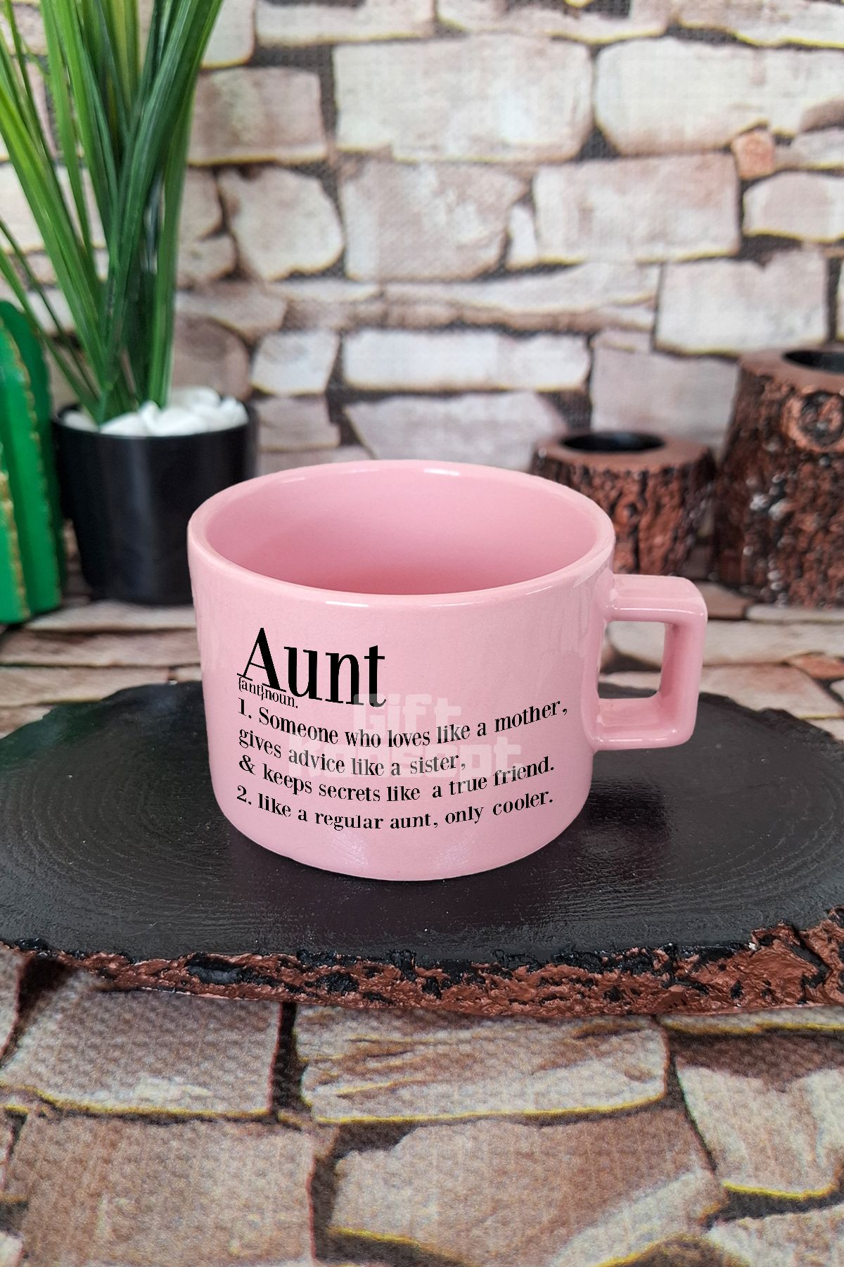 giftkonsept Aunt Desenli Baskılı Modern Hala Teyze Kare Kulplu Fincan Pembe Kupa Bardak