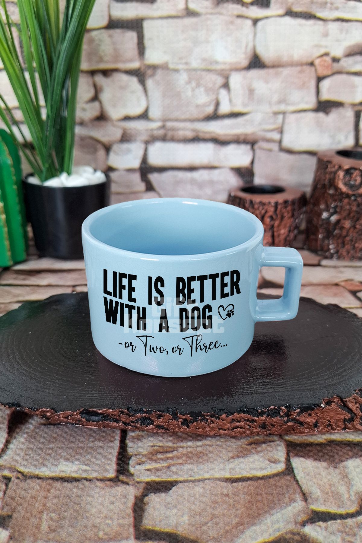 giftkonsept Life With Dogs Baskılı Köpeklerle Hayat Teması Köpeksever Kare Kulplu Fincan Mavi Kupa Bardak