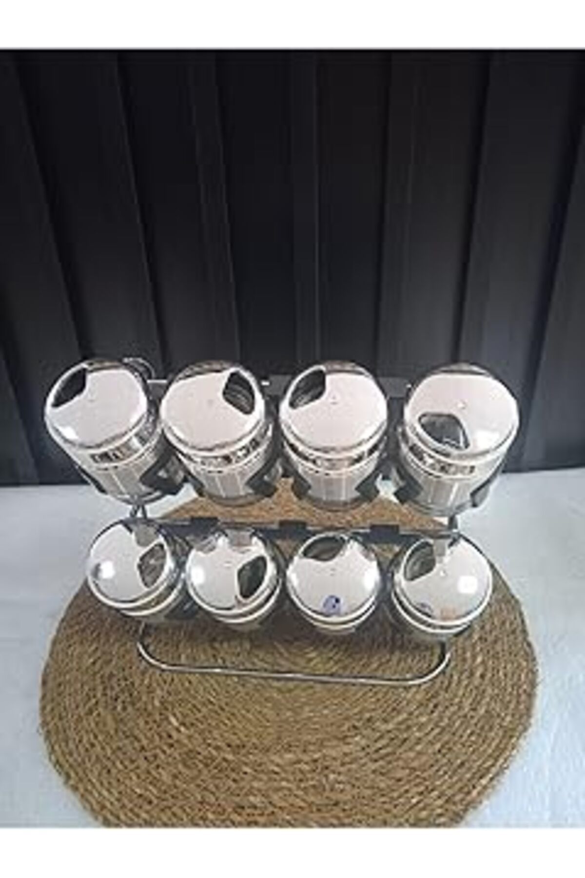 Mu Art Ahşap Çelik Standlı Baharatlık 9 Parça Cam Çelik Baharat Seti