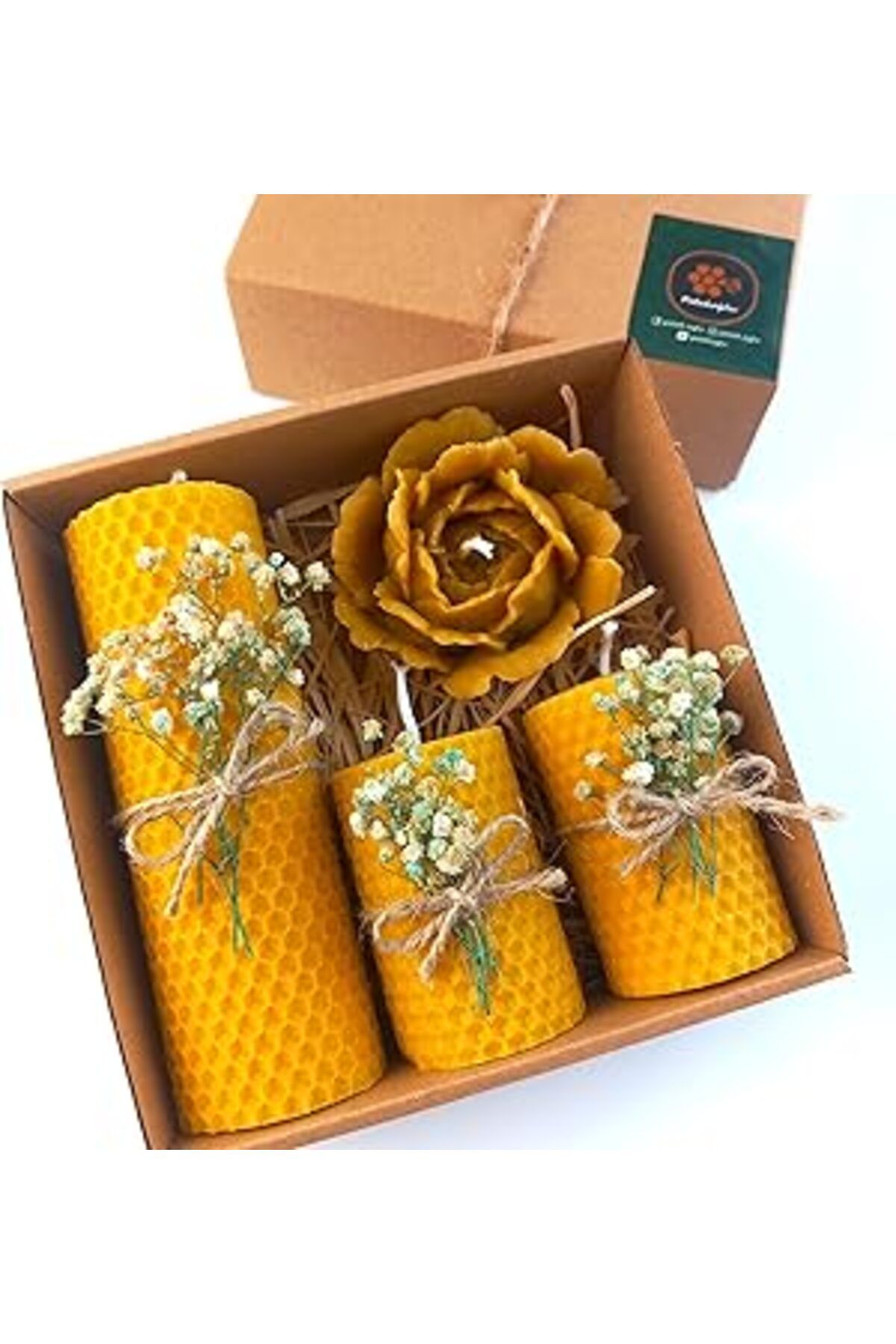 NETWORK ART Petekoğlu Balmumu Mum Dekoratif Hediye Kutusu 4 Lü Set Doğal Petek Beeswax Candle Açmış Gül (Yeşil