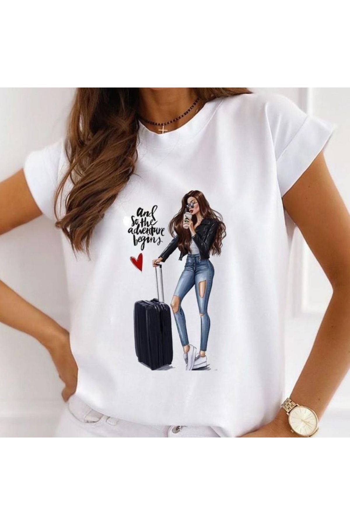 aynewmoda Yuvarlak yakalı, kısa kollu, kız çocuk çizimi baskılı tişört