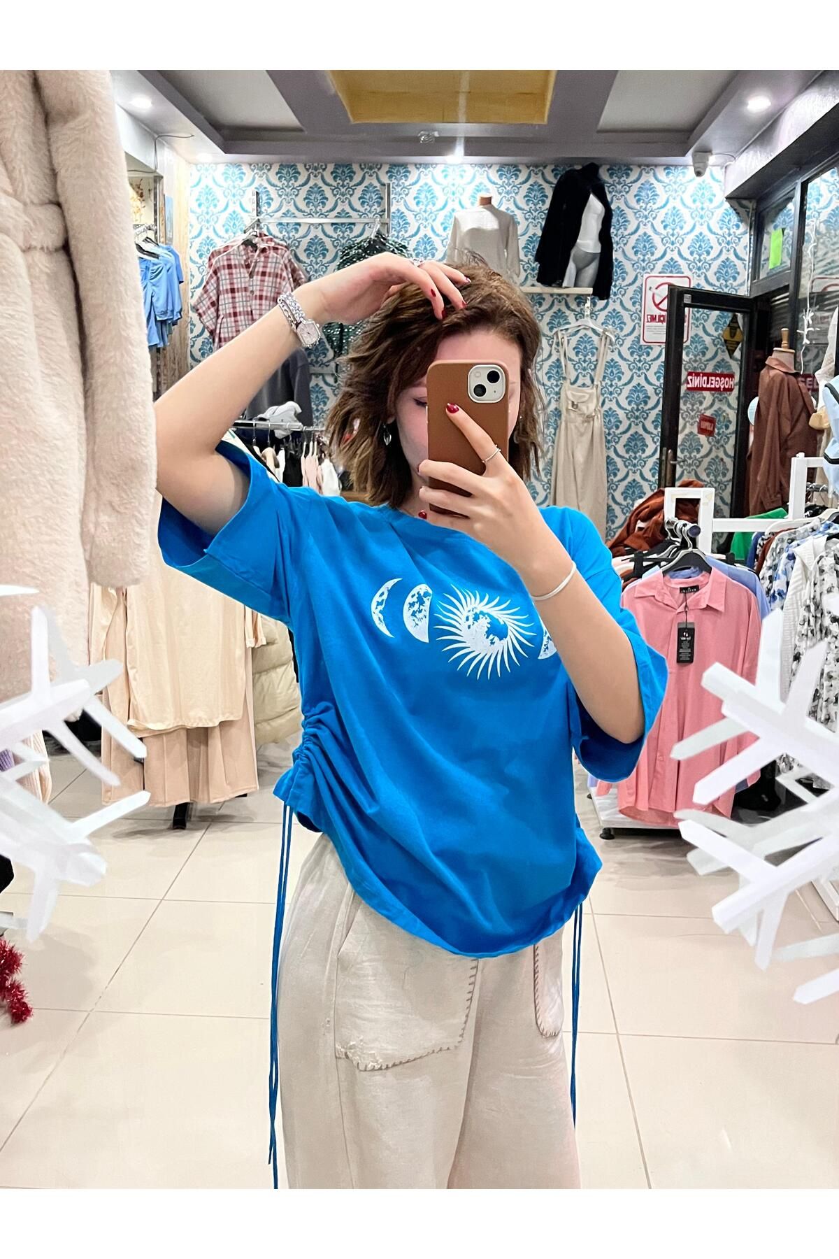 Sublime Butik Güneş Ay Baskılı Mavi Penye Büzgülü T-Shirt