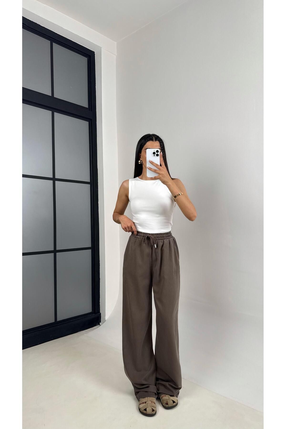 Gaus Kahve Beli Lastikli Muadil Gabardin Pantolon Gaus00557