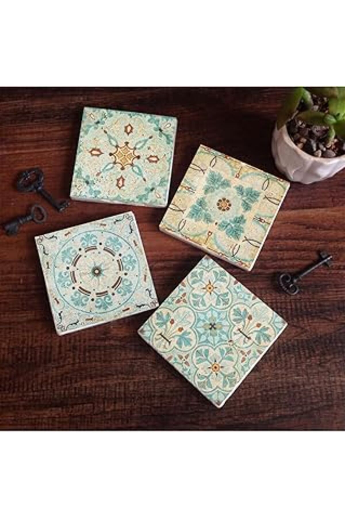 ASİTAN Pinecone Desen Taş Bardak Altlığı Seti - 4 Parça - Dekoratif, Rustik Mutfak Aksesuarı, 10X10 Cm, Ka