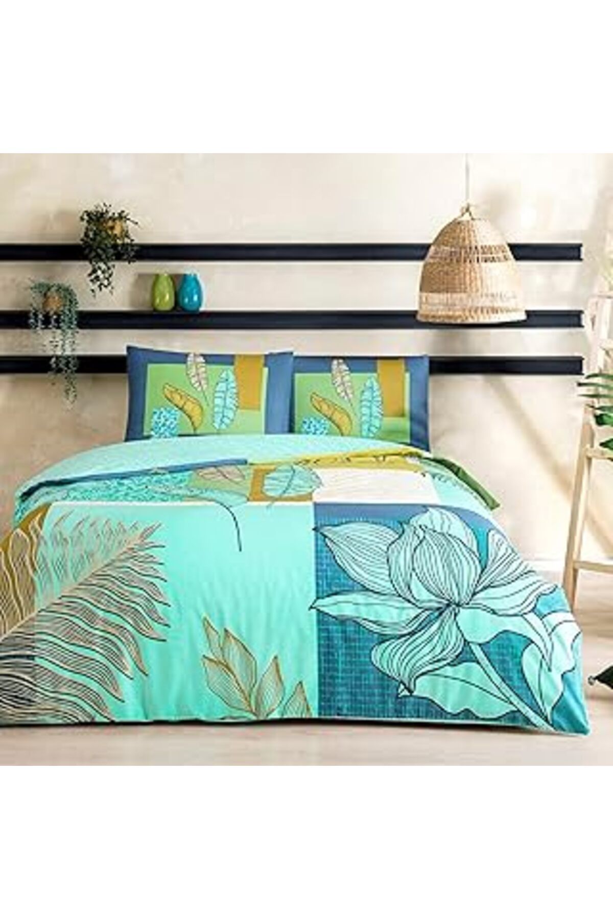 ASİTAN Monstera Ranforce Çiçek Desenli%100 Pamuk Nevresim Takımı, Mint, Tek Kişilik