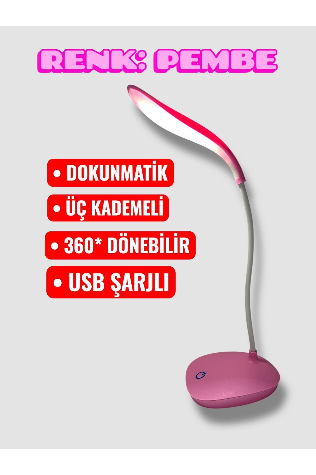 Della Pianto 3 Kademeli PEMBE Dokunmatik şarjlı Led Masa Lambası 360*Derece dönebilir