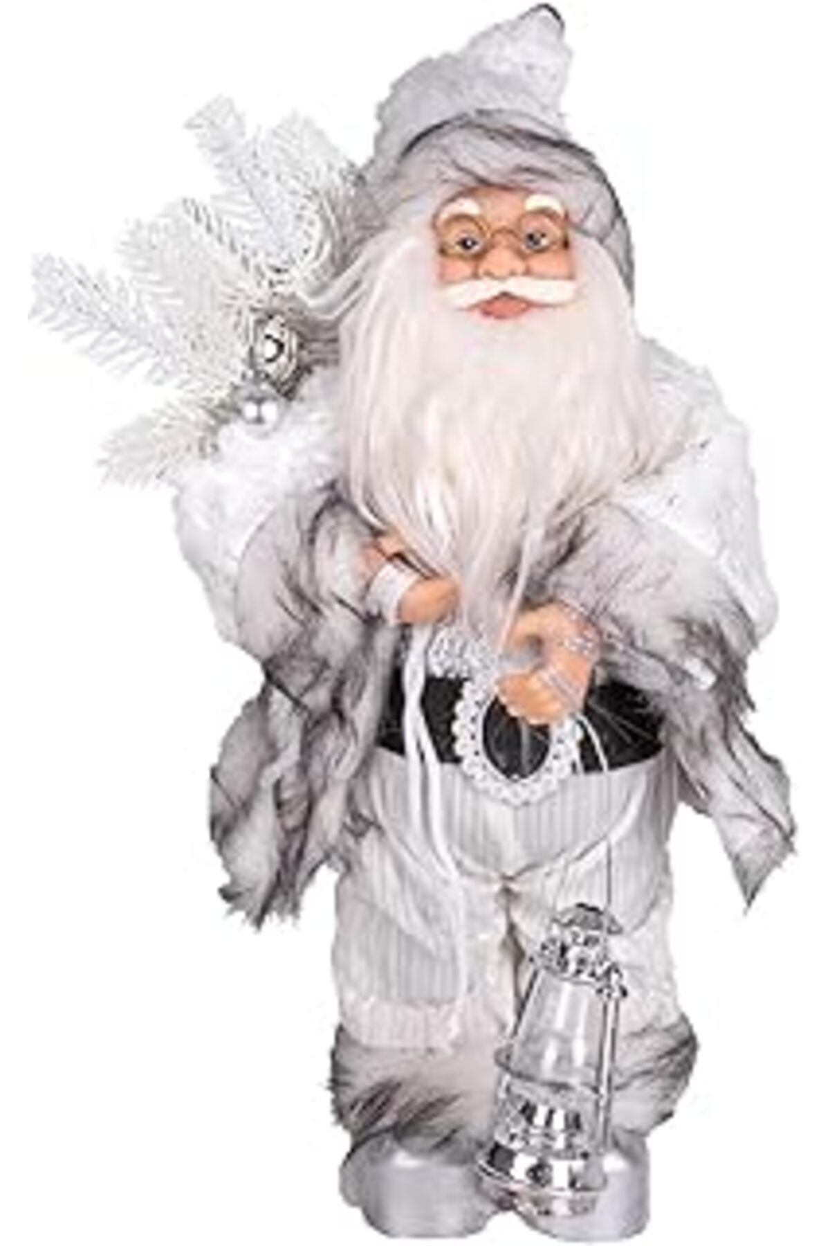 ASİTAN Herdekora Yılbaşı Noel Baba Beyaz Hediye Çuvallı Fenerli Gümüş-Gri 30 Cm.