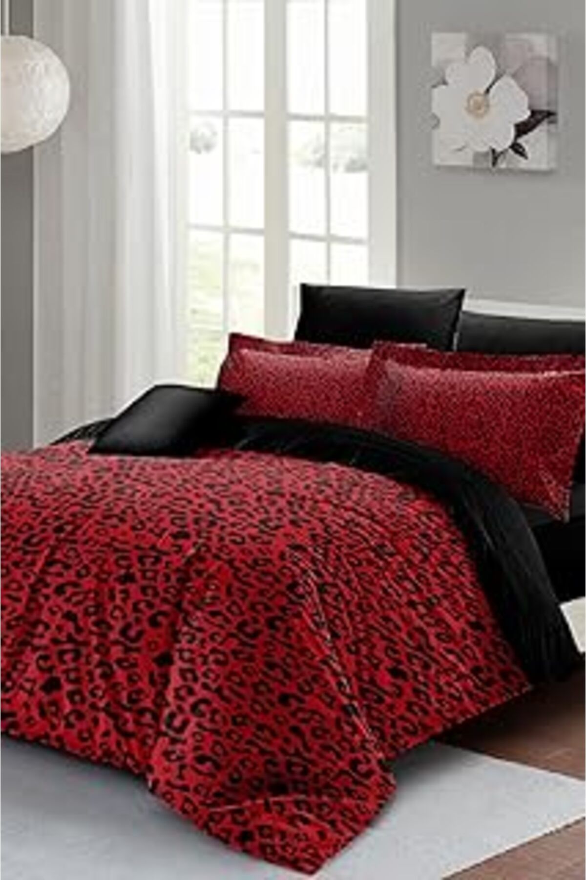 Qedii Monohome Leopar Çift Kişilik Nevresim Takımı Özel Dokuma Pamuk Saten Red Leopar