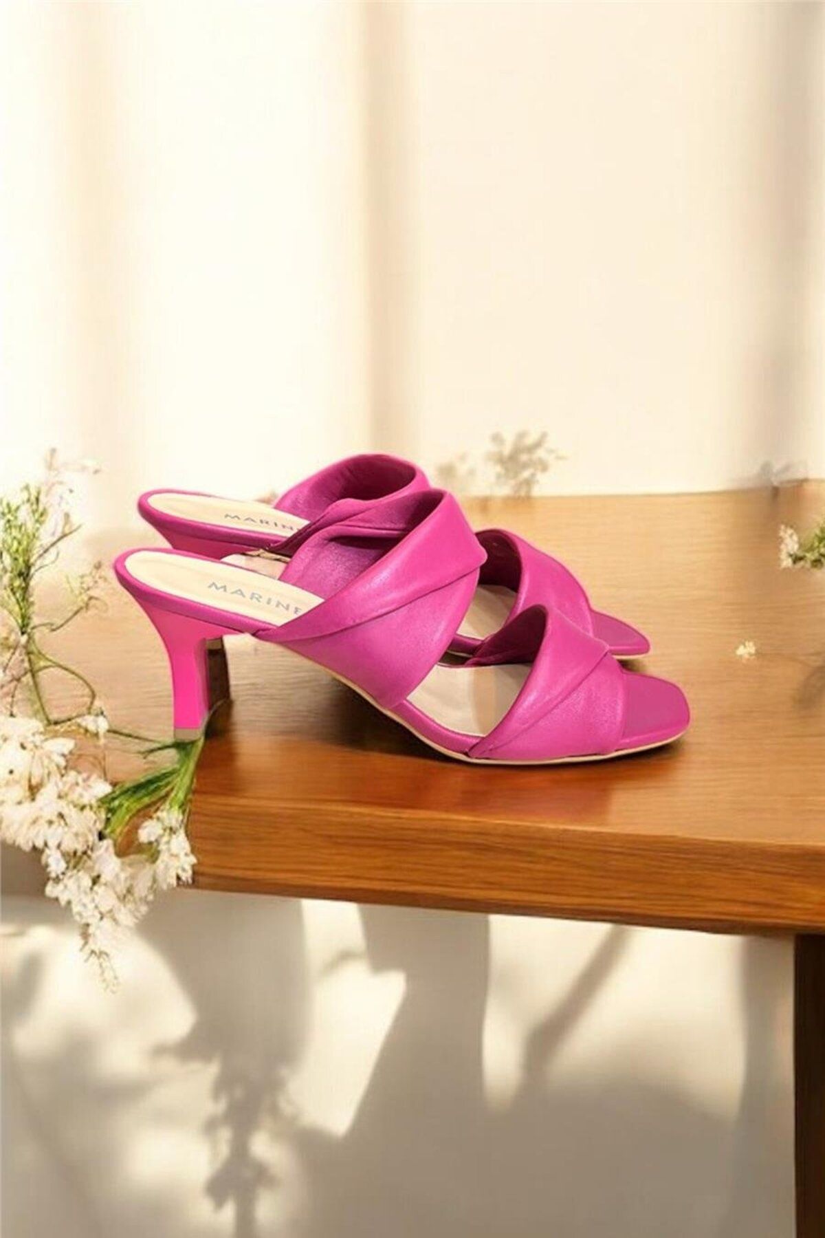 TUFAN SHOES Fuşya Hakiki Deri Köşe Burun Çift Bant Topuklu Terlik