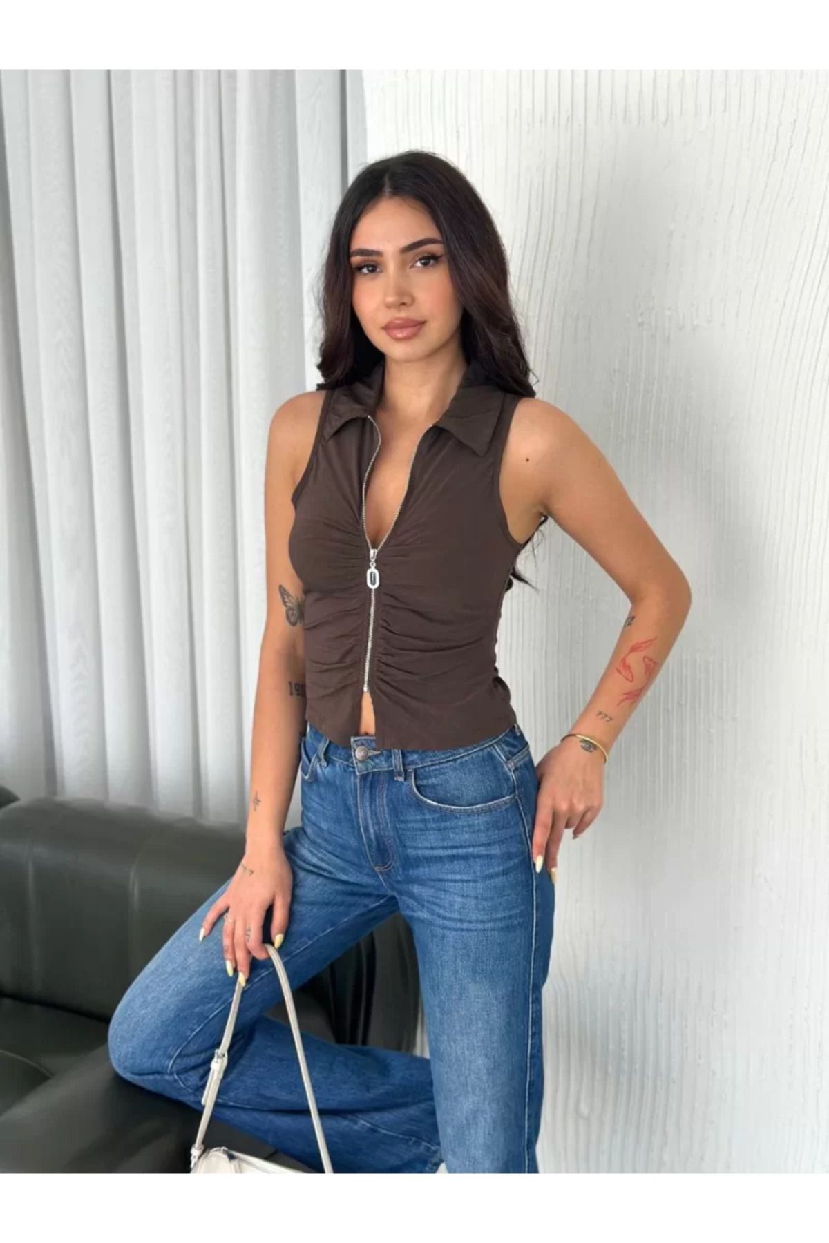 ruum fashions Yakalı Tam Fermuarlı Kolsuz Bluz