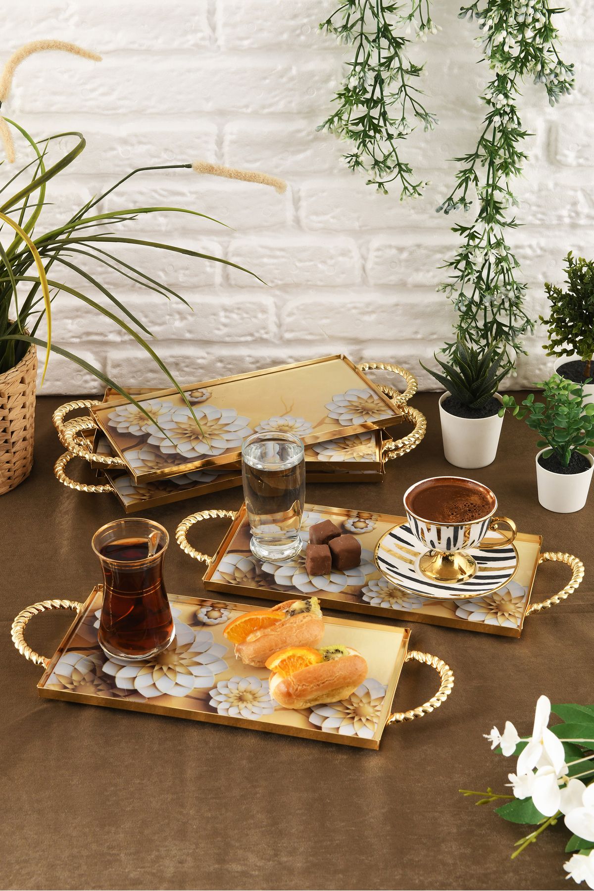 HELVACIOĞLU AKSESUAR 6 Adet Kulplu Kahve ,Pasta, Kek, Baklava, Kurabiye, Çay Sunum Tepsisi 12x25 cm Gold