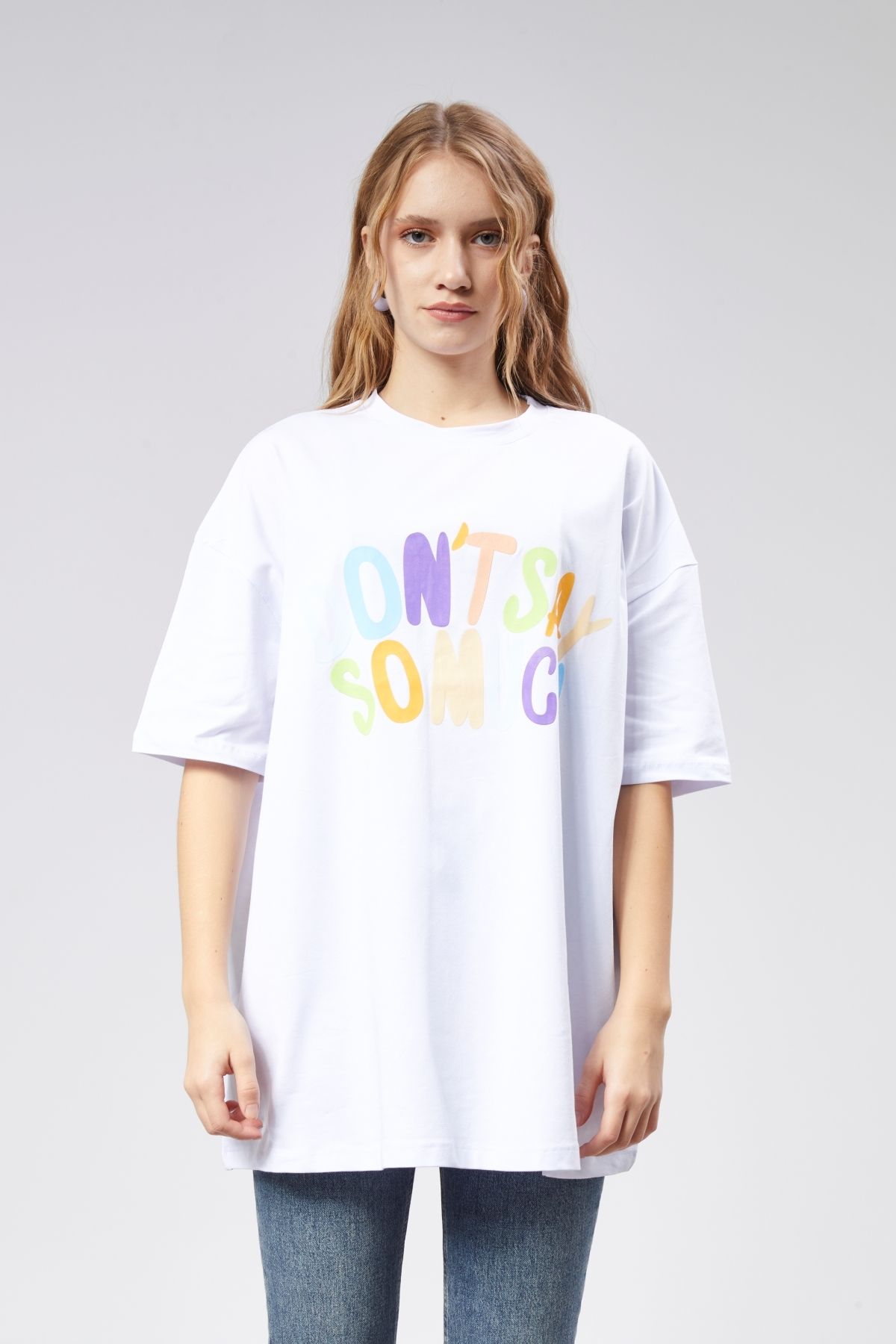 TF The Fancy For You Kadın Bisiklet Yaka Baskılı Kısa Kollu Oversize Tişört
