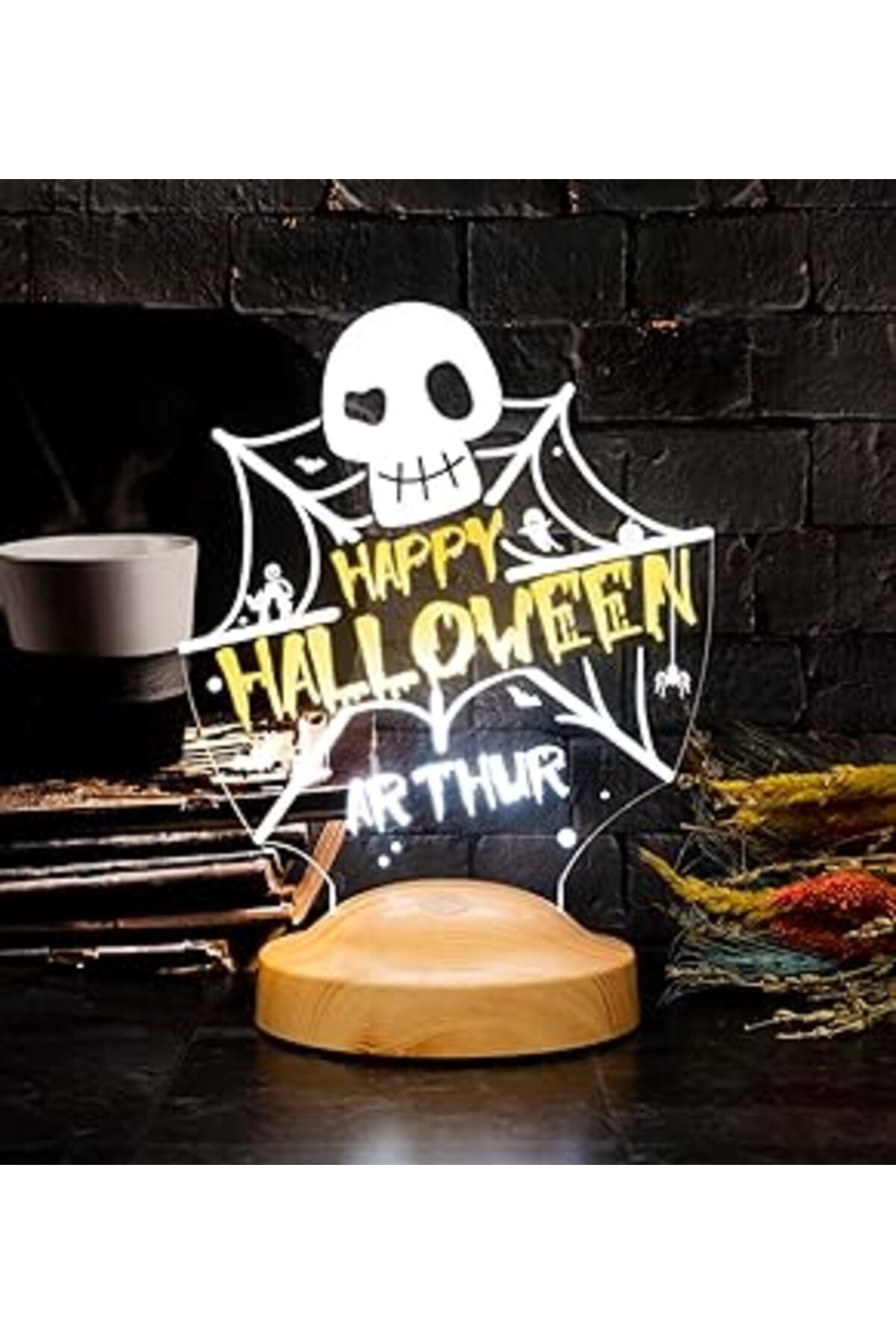 ASİTAN Sevgilambası Cadılar Bayramı Halloween Hediyesi, Happy Halloween Kuru Kafa Ve Ağlar Led Lamba