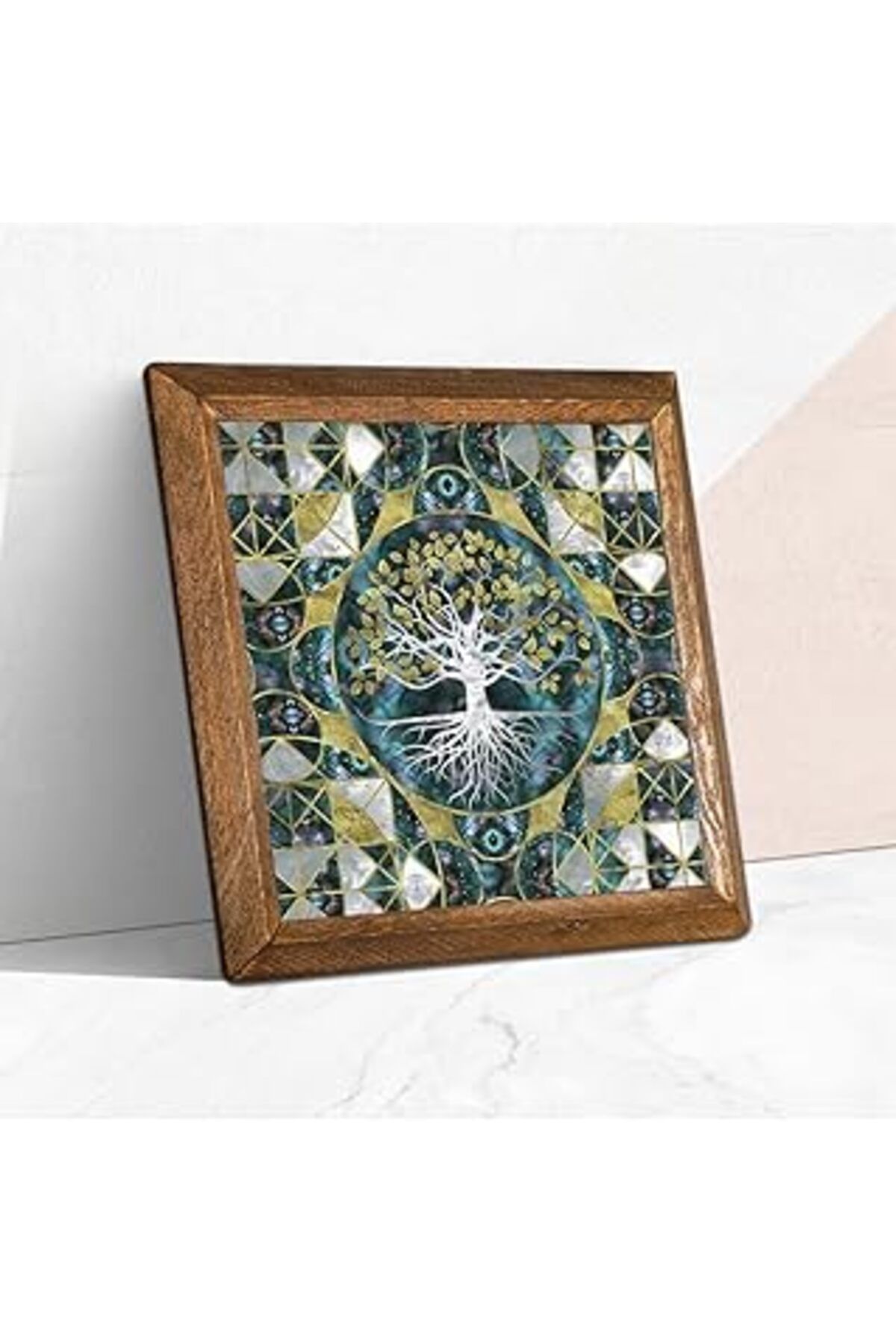 ASİTAN Pinecone Hayat Ağacı Taş Duvar Tablosu - Ahşap Çerçeveli Taş Tablo - 25X25 Cm - Dekoratif Duvar San