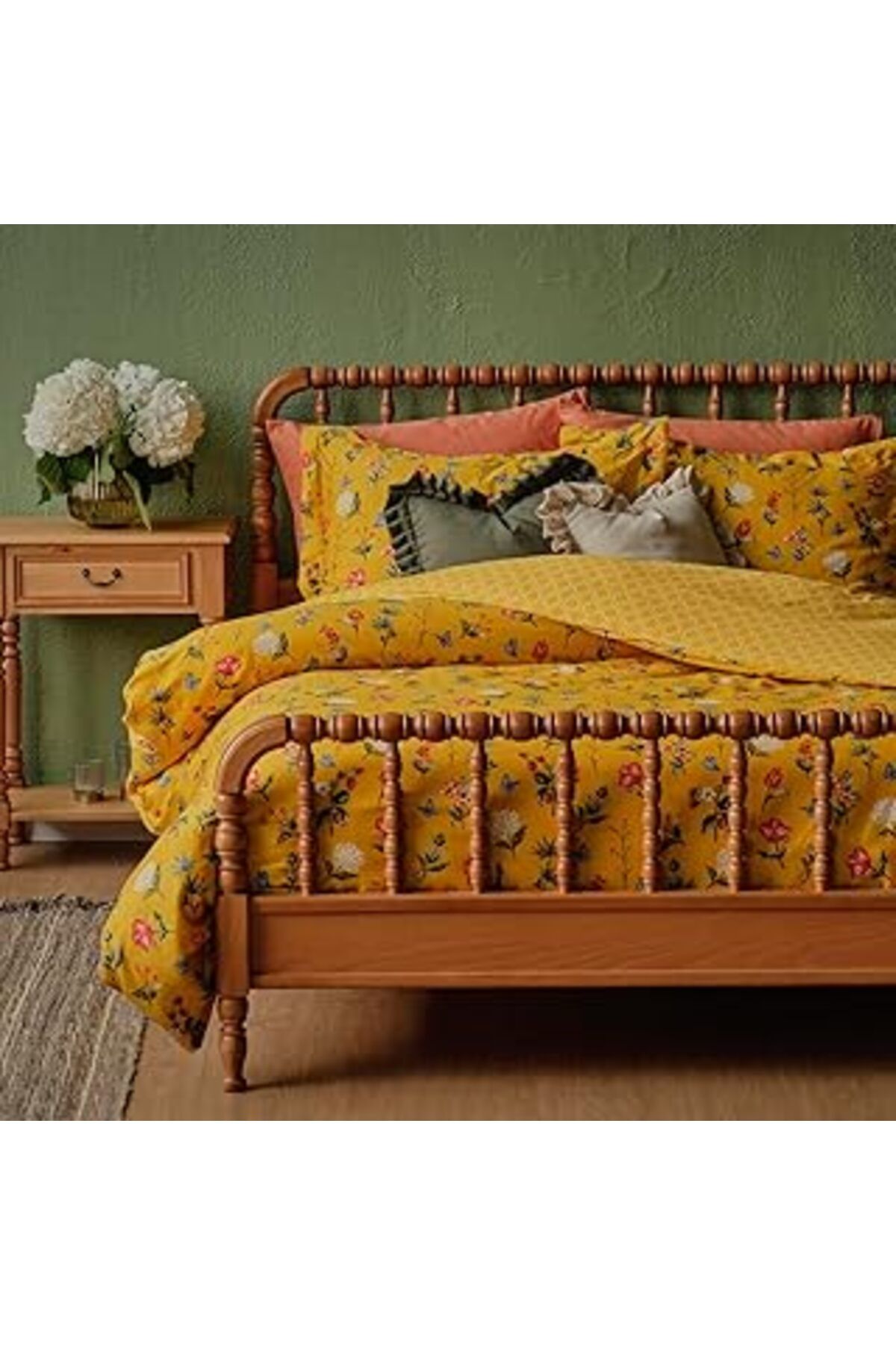 Qedii Bella Maison Nicole Çiçek Desenli%100 Pamuk Saten Nevresim Takımı, Koyu Sarı, King Size (Nevresim: