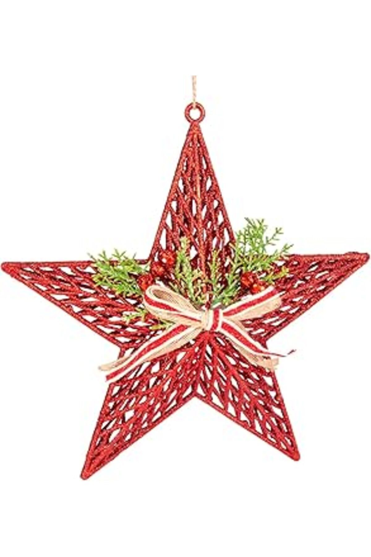 ASİTAN Herdekora Yılbaşı Süsü Yılbaşı Dekorlu Yıldız Fiyonklu Berryli Kırmızı 28X29 Cm.