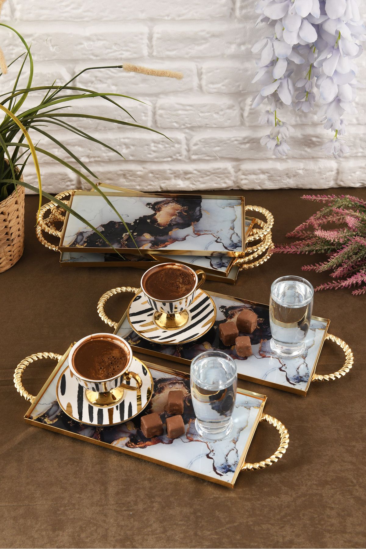 HELVACIOĞLU AKSESUAR 6 Adet Kulplu Kahve ,Pasta, Kek, Baklava, Kurabiye, Çay Sunum Tepsisi 12x25 cm Gold
