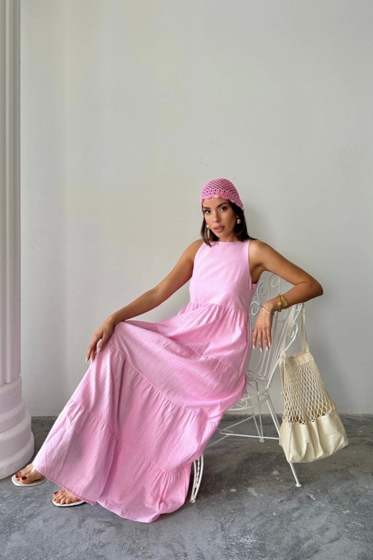 nedo7 KOLSUZ UZUN FLAM KETEN ELBİSE - Pembe