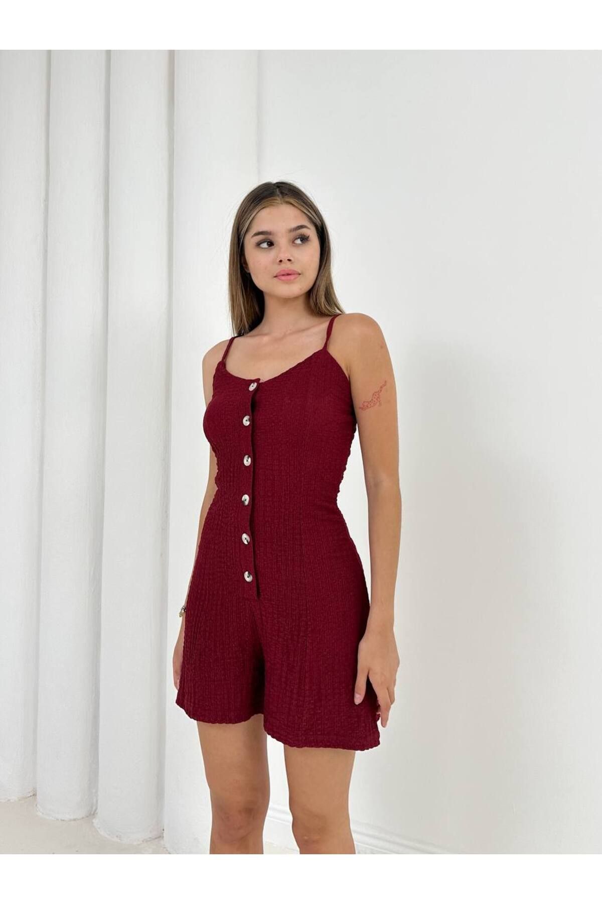 MODA Bubble Kumaş İnce Askılı Düğme Detaylı Mini Tulum