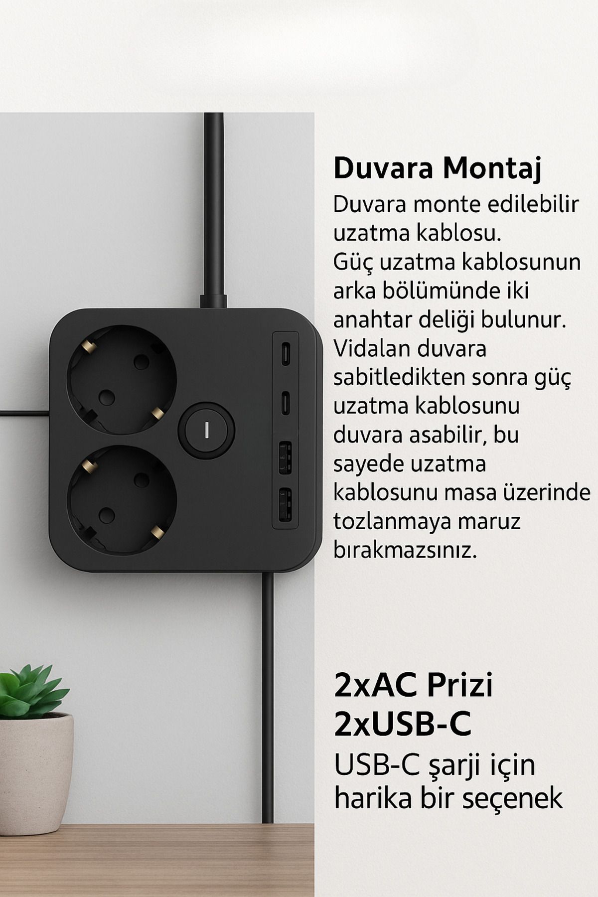 SMAYLİNG 2 Prizli 2xUSB-C 2xUSB-A Duvara Monte Edilebilir Uzatma Kablosu 3680W