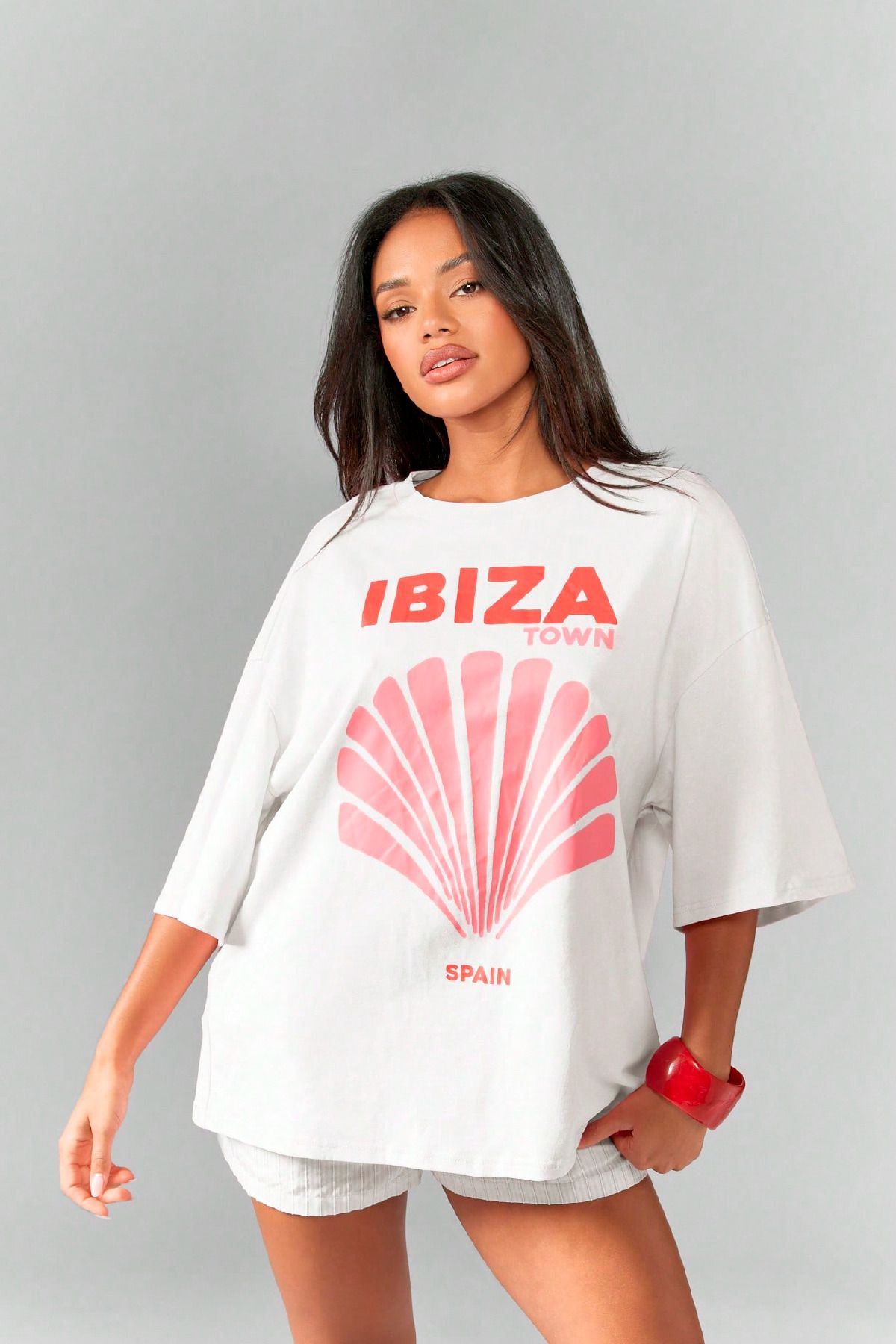 KASHKHA Ibiza Scallop Baskılı %100 Pamuk Kadın Oversize Beyaz Tişört