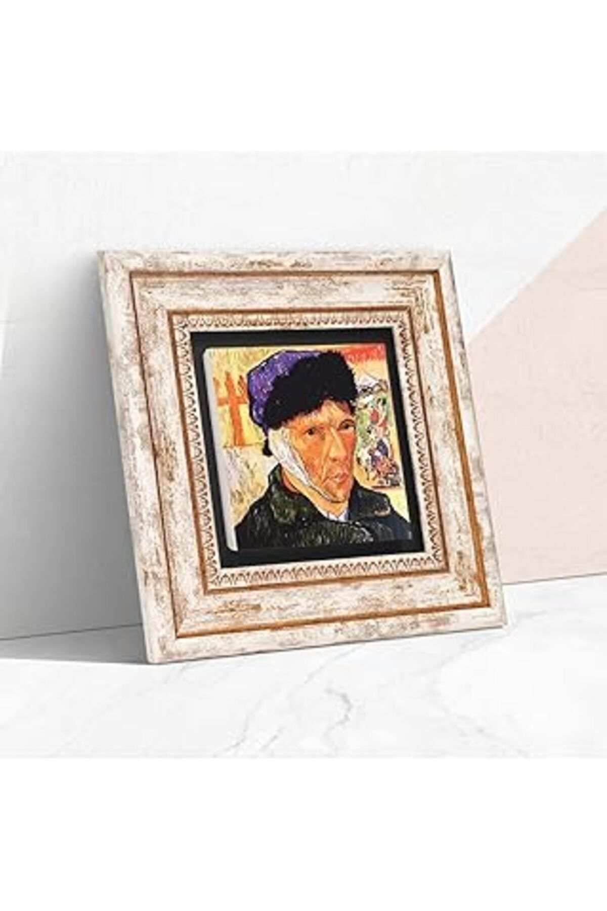 ASİTAN Pinecone Van Gogh Kulağı Bandajlı Otoportre Taş Duvar Tablosu - Çerçeveli Taş Tablo - Dekoratif Duv