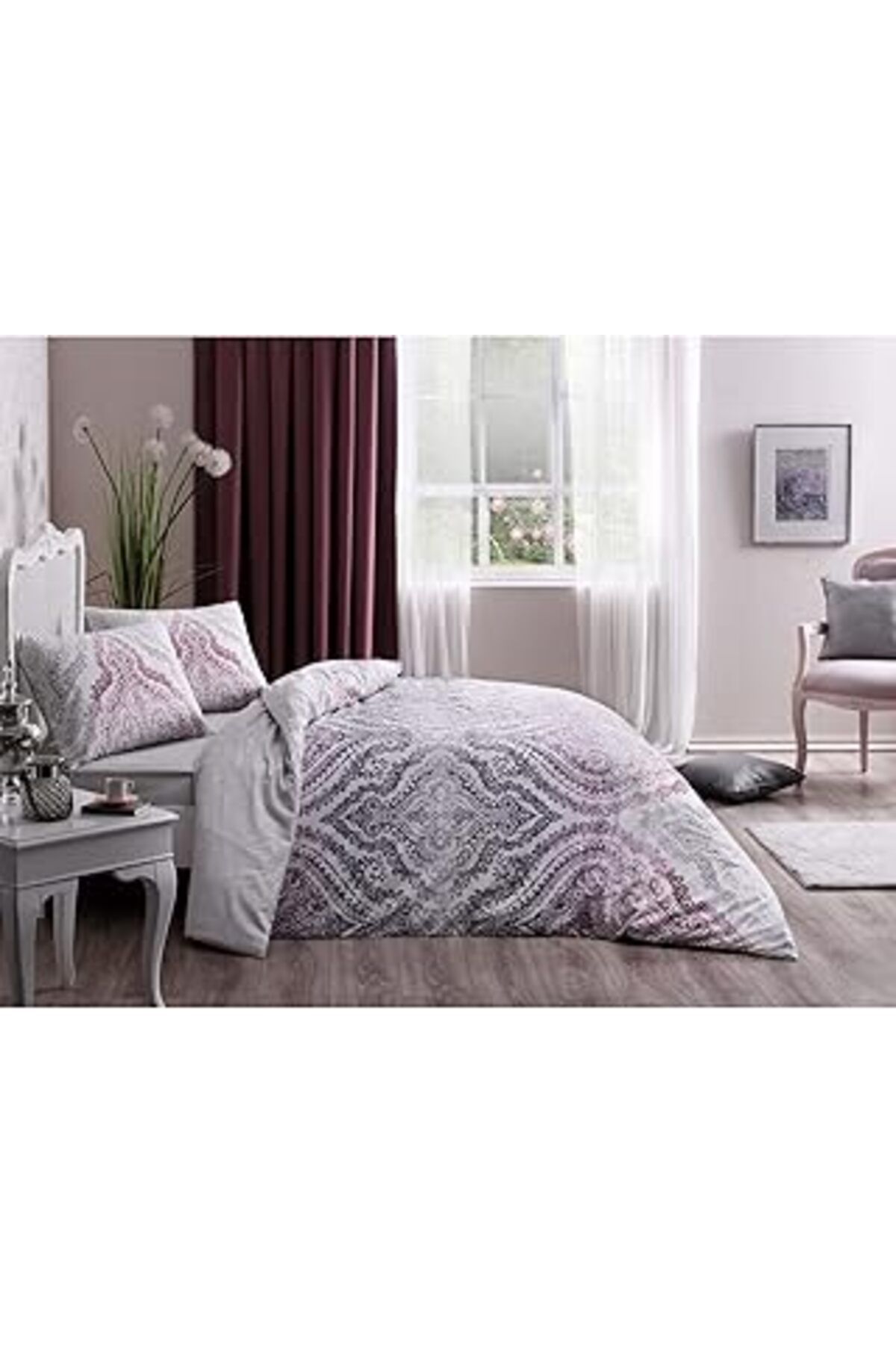 ASİTAN Ranforce Etnik Desenli%100 Pamuk Nevresim Takımı, Lila, King Size